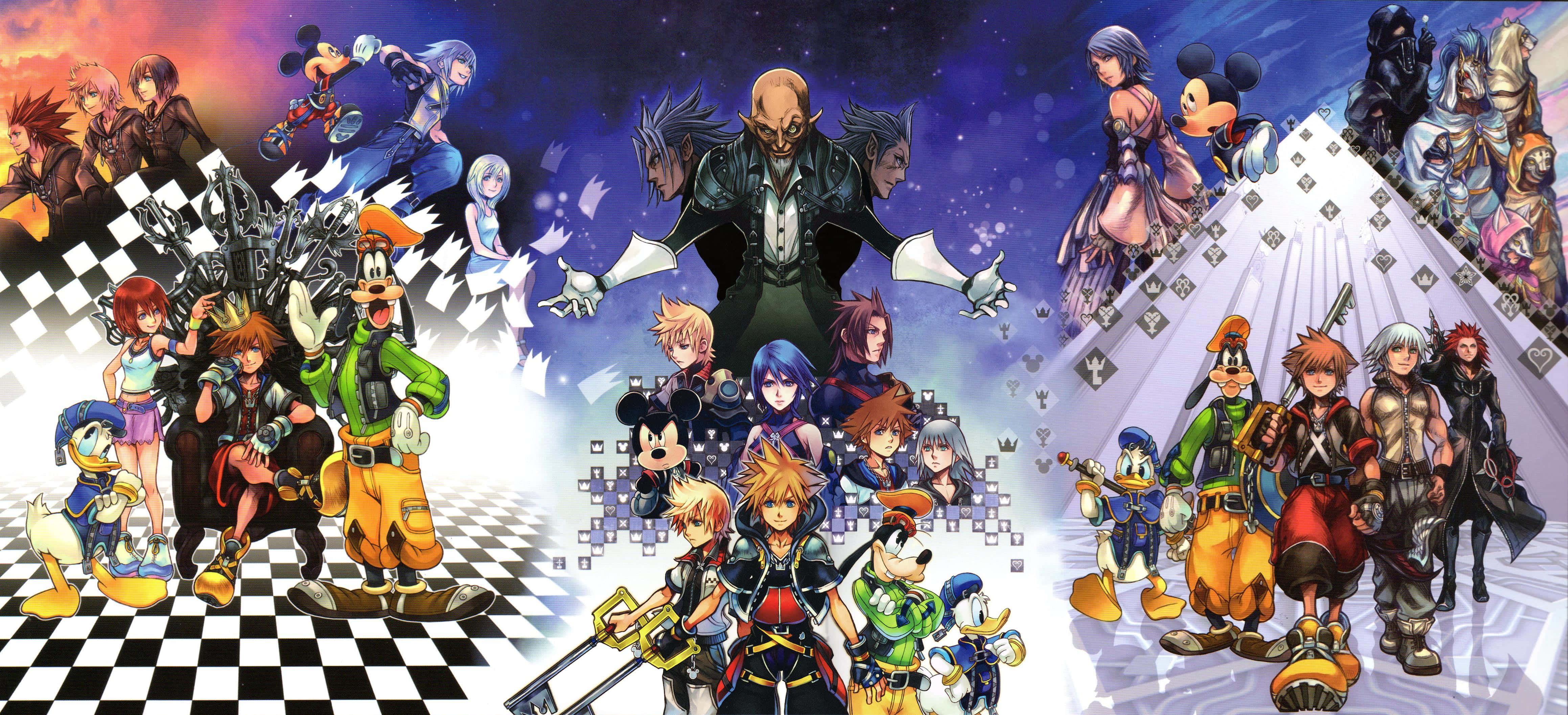 Kingdom Hearts 桌布 壁紙 — 一幅充滿活力的動畫拼貼畫，描繪《王國之心》角色在宇宙格仔背景前動態擺姿勢。