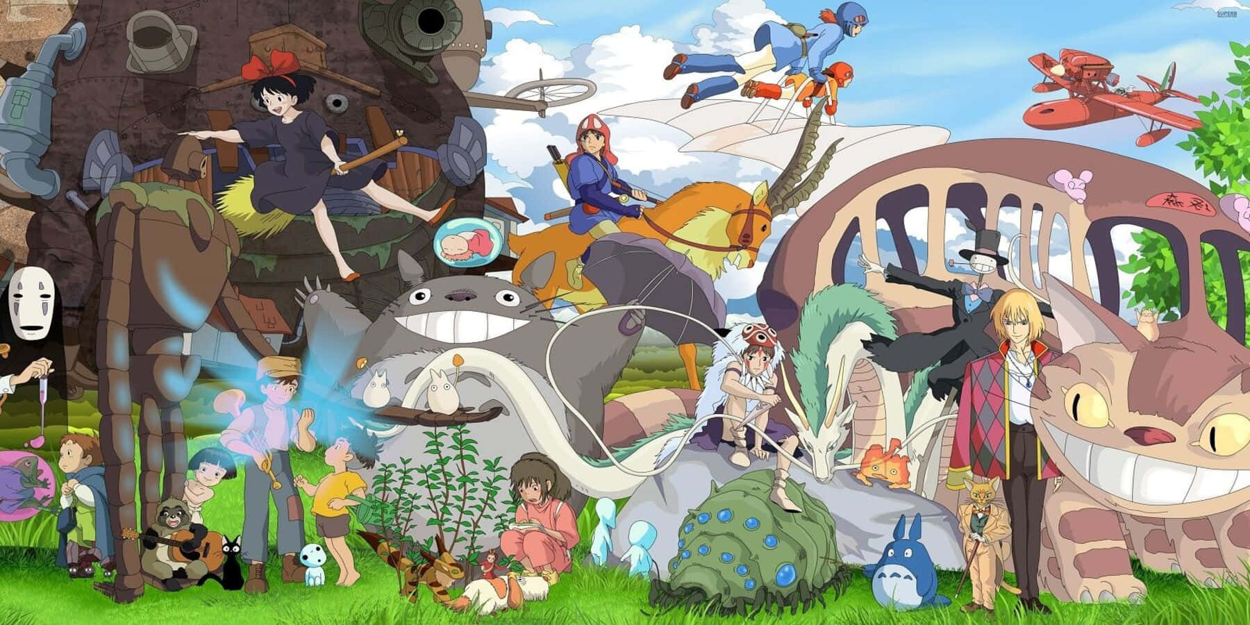 Hayao Miyazaki Movies 桌布 壁紙 — 一幅充滿活力的動畫拼貼畫，描繪了在晴朗藍天下，翠綠草地上聚集的吉卜力工作室角色，如龍貓和無臉男。