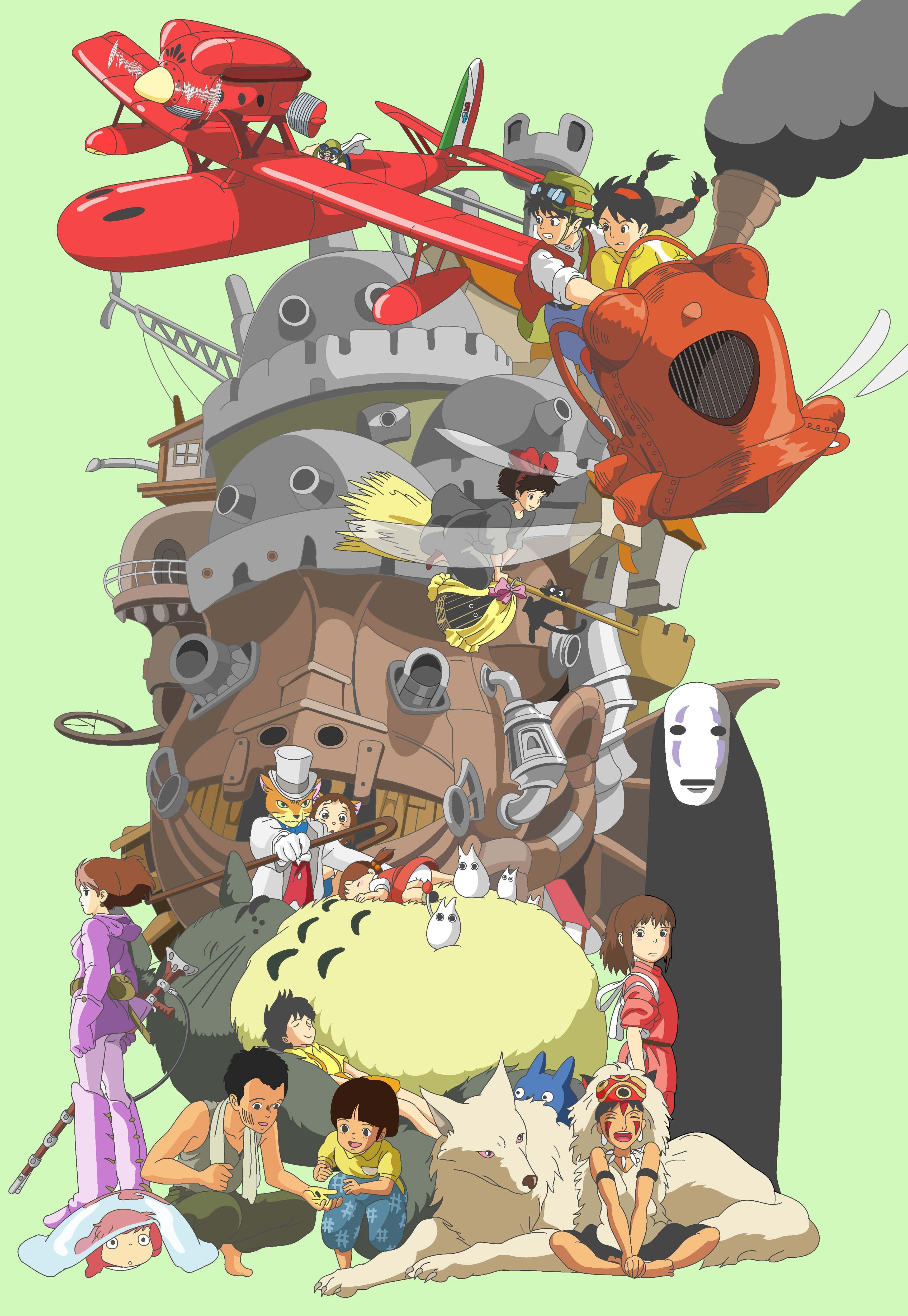 Studio Ghibli Art 桌布 壁紙 — 一幅充滿活力的動畫拼貼畫，描繪了吉卜力工作室電影中的角色聚集在一個巨大的飛行城堡周圍，城堡有紅色飛機和一個幽靈般的身影。