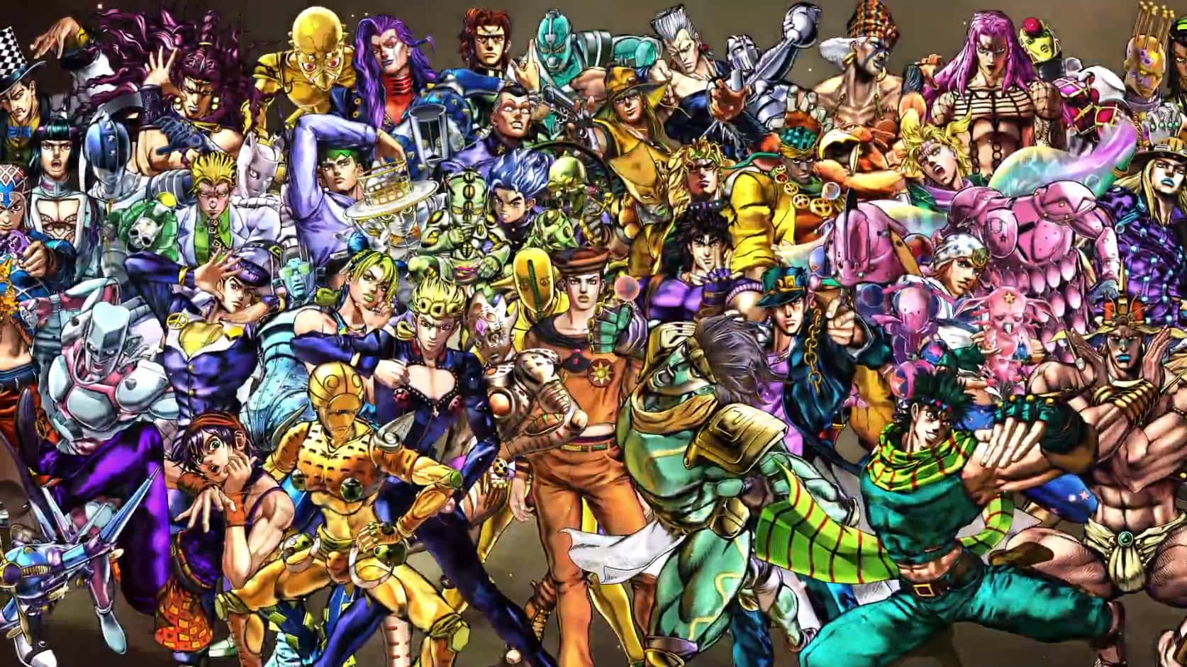 Jojo Stands 桌布 壁紙 — 一幅充滿活力的動畫拼貼畫，描繪了數十個《JoJo的奇妙冒險》角色，展現動態姿勢和色彩繽紛的服裝。