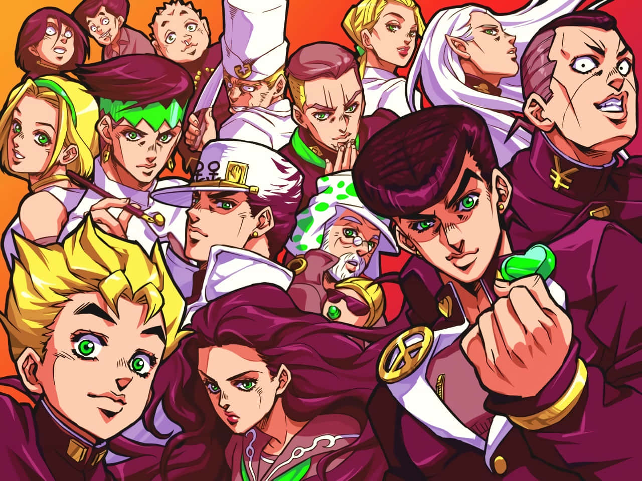 Diamond Is Unbreakable 桌布 壁紙 — 一幅充滿活力的動畫插圖，描繪了JoJo的奇妙冒險角色密集的人群，帶有強烈的表情和大膽的紫橙色調色板。