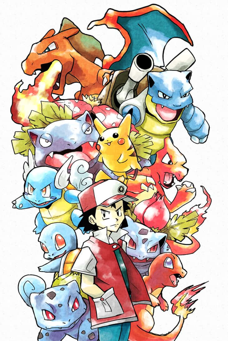 Pokemon Fan Art 桌布 壁紙 — 一幅充滿活力的動畫插圖，描繪小智被他的標誌性寶可夢團隊以動態姿勢包圍。