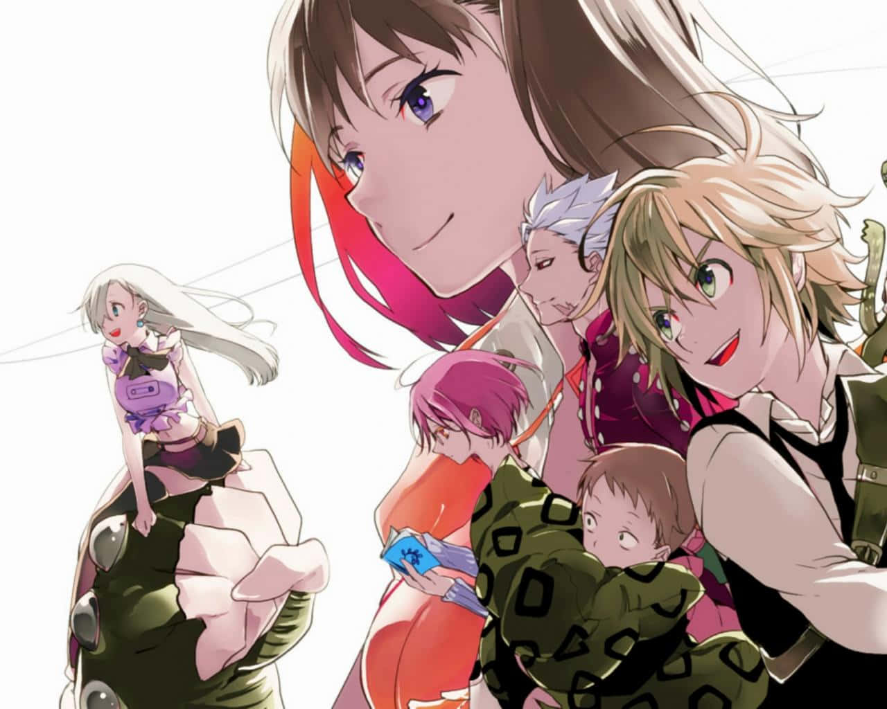 Seven Deadly Sins Elizabeth Liones 桌布 壁紙 — 一幅充滿活力的動畫群像，以明亮的白色背景為襯托，展現了多樣化的角色，他們擁有富有表現力的眼睛和色彩繽紛的服裝。