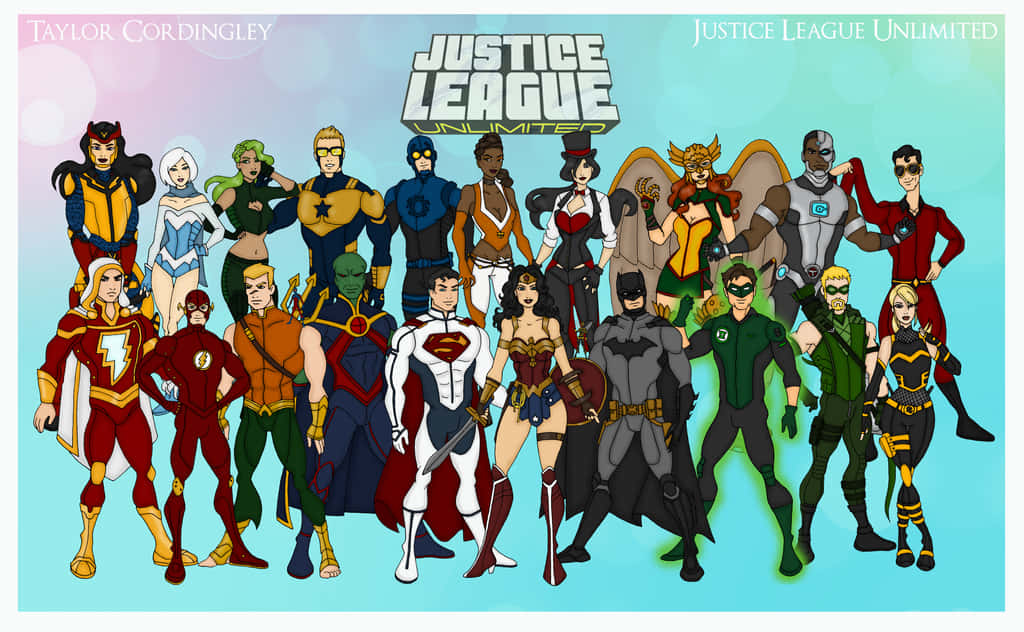 Justice League Unlimited 桌布 壁紙 — 一幅充滿活力的動畫群像，描繪正義聯盟無限的超級英雄們站在柔和的漸變背景前。