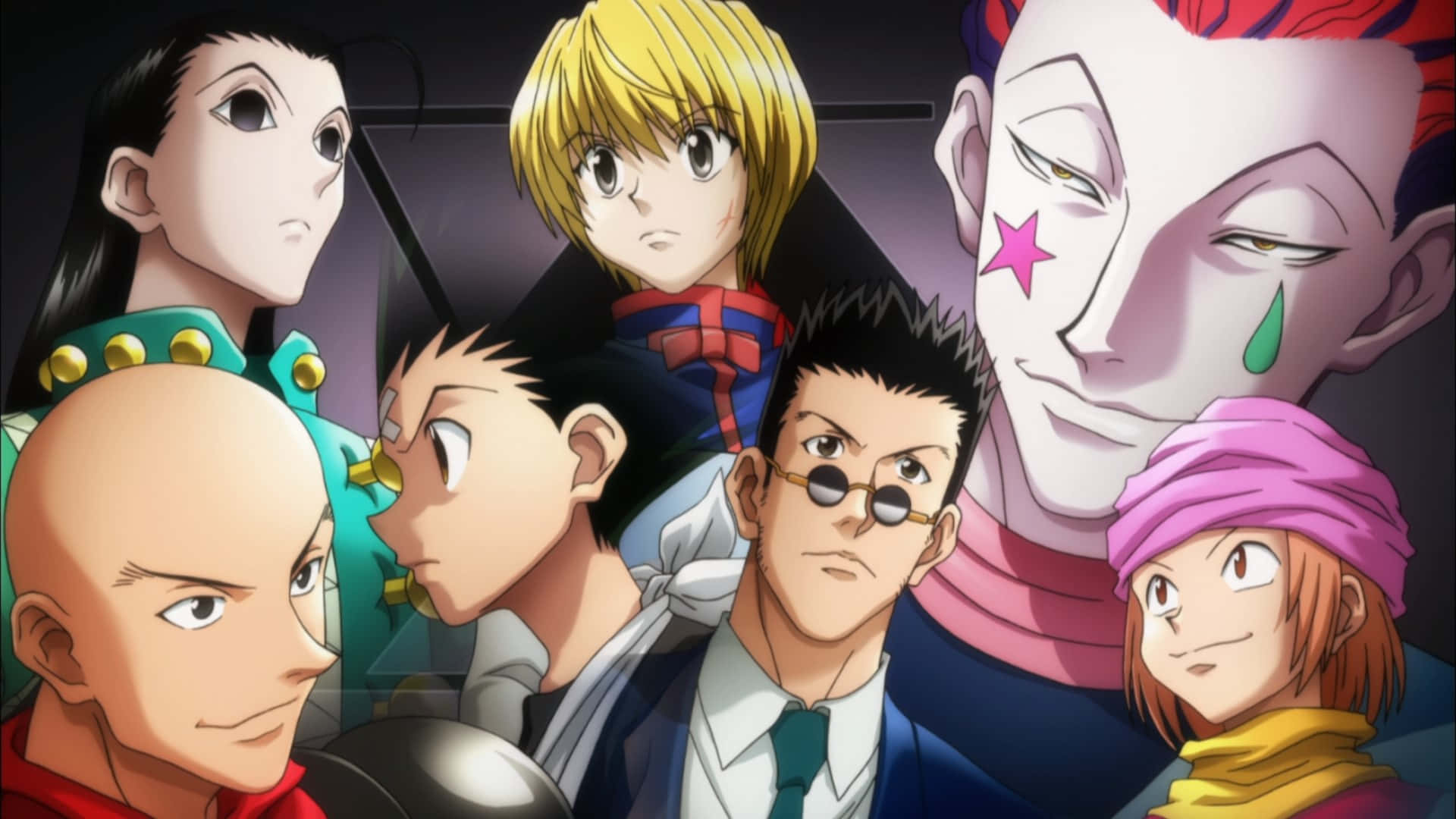 Leorio Paradinight 桌布 壁紙 — 一幅充滿活力的動畫群體肖像，以深色背景為襯托，展現了多樣化的角色，他們擁有表情豐富的面孔和色彩繽紛的服裝。