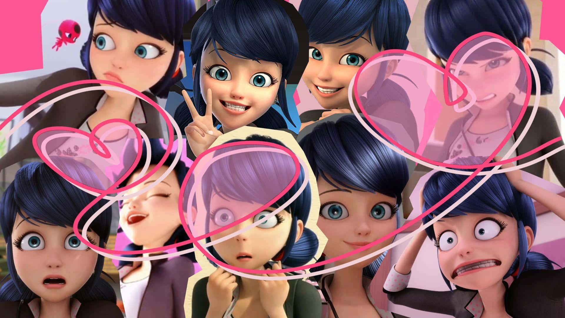 Miraculous 桌布 壁紙 — 一幅充滿活力的動畫角色拼貼畫，角色擁有藍色頭髮和豐富表情，周圍環繞著粉紅色心形輪廓。