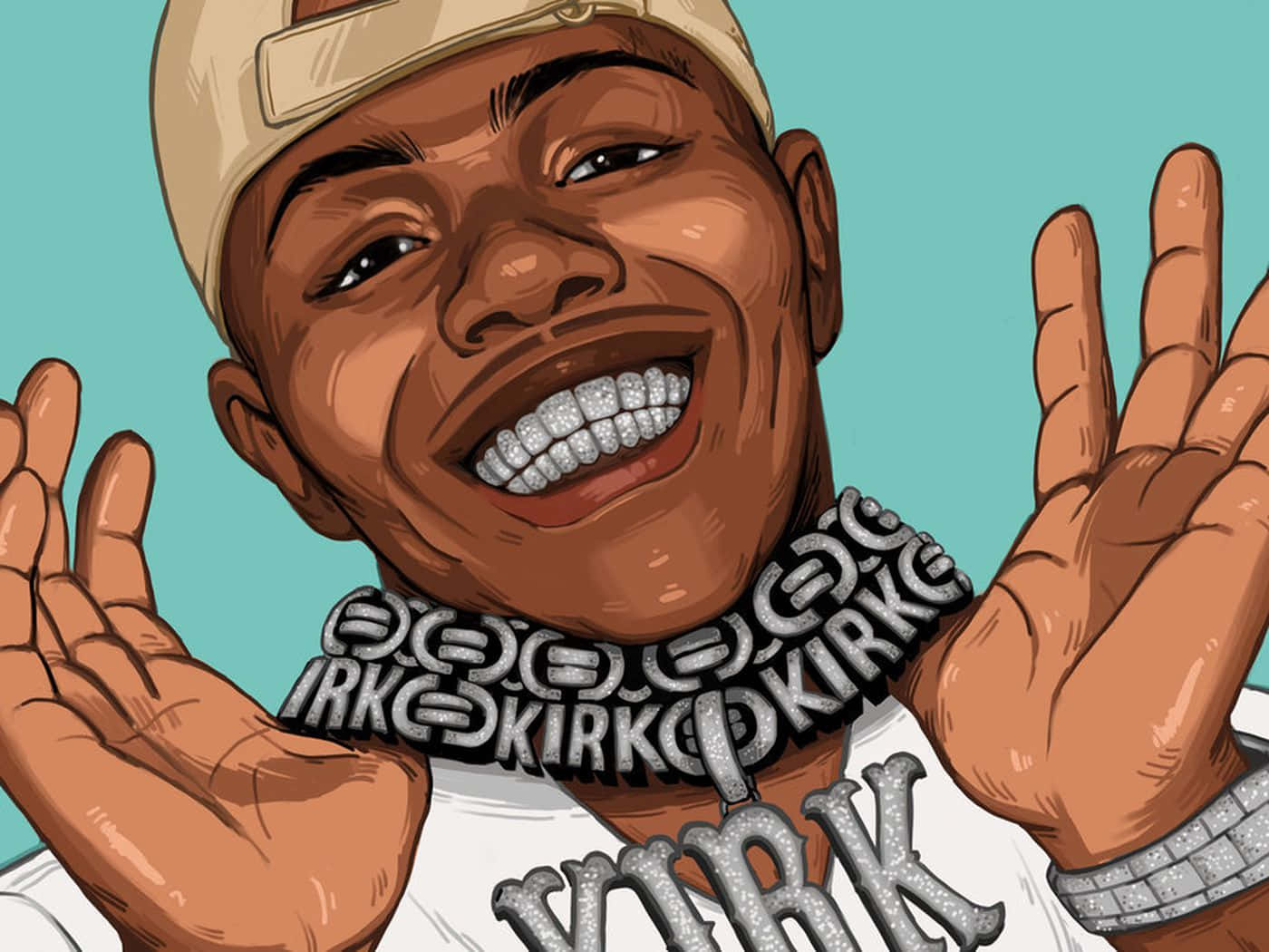 Dababy 桌布 壁紙 — 一幅充滿活力的卡通插圖，描繪一位微笑的年輕男子，戴著鑽石牙套和「KIRK」鏈條，背景為青綠色。