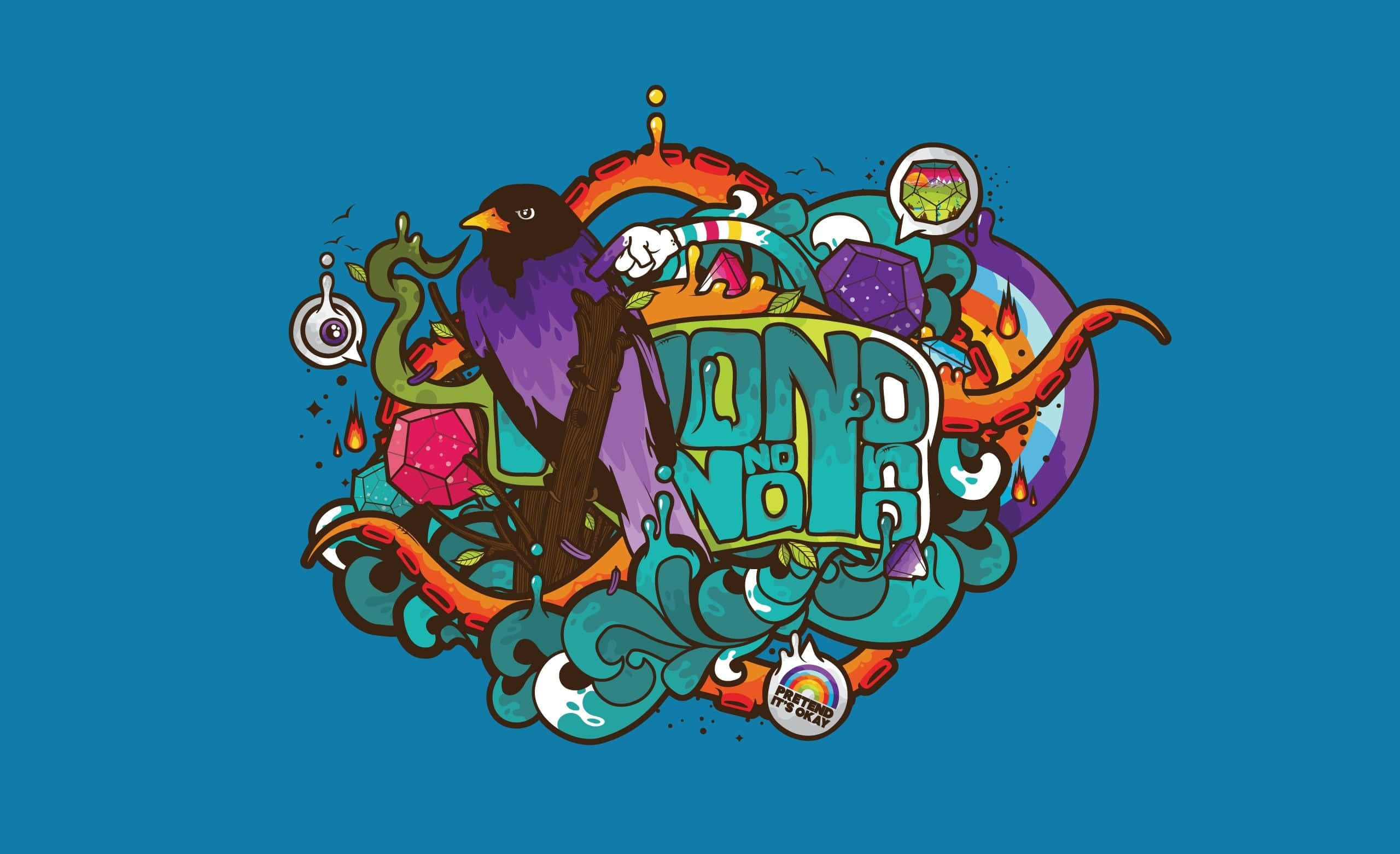插畫 桌布 壁紙 — 一幅充滿活力的卡通插圖，描繪一隻紫色鳥兒手持法杖，周圍環繞著色彩繽紛的寶石和旋轉的迷幻元素，背景為純藍色。
