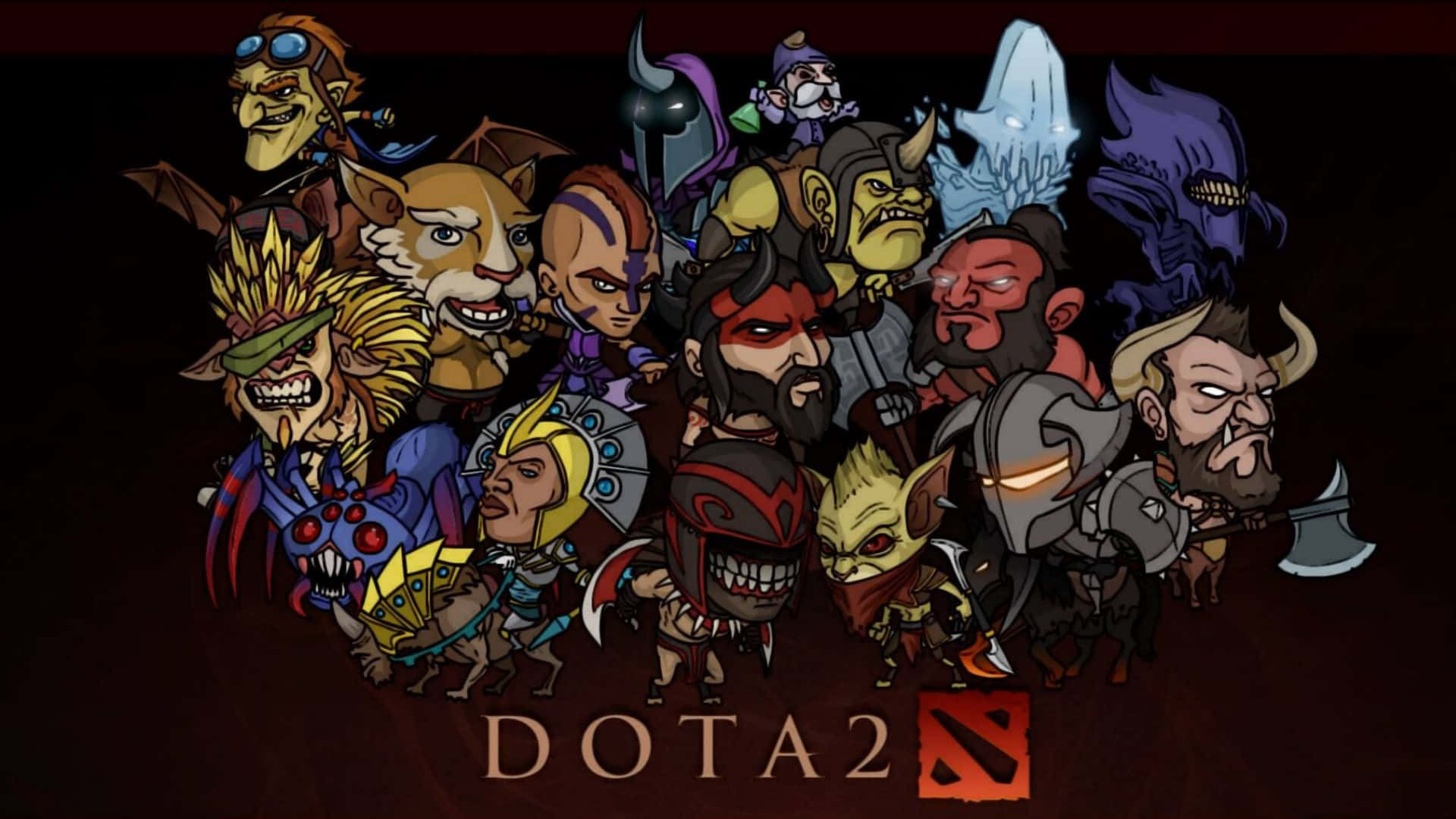 Dota 2 Heroes 桌布 壁紙 — 一幅充滿活力的卡通插圖，描繪了Dota 2多樣化的英雄陣容在深色背景前一起擺姿勢。