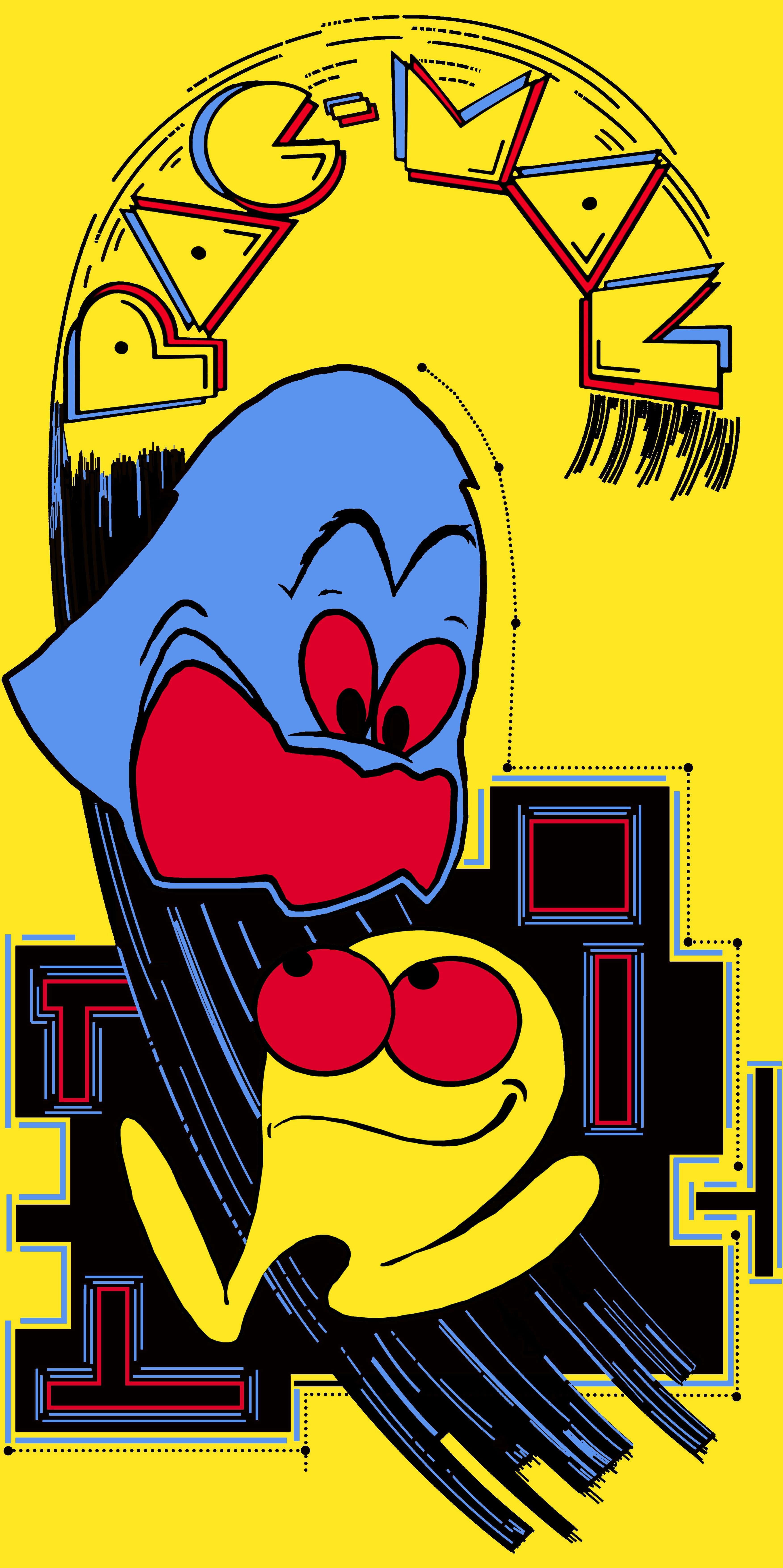 pac man 桌布 壁紙 — 一幅充滿活力的卡通插圖，描繪了一個藍黃相間、紅眼睛的角色，背景是鮮明的黃色。