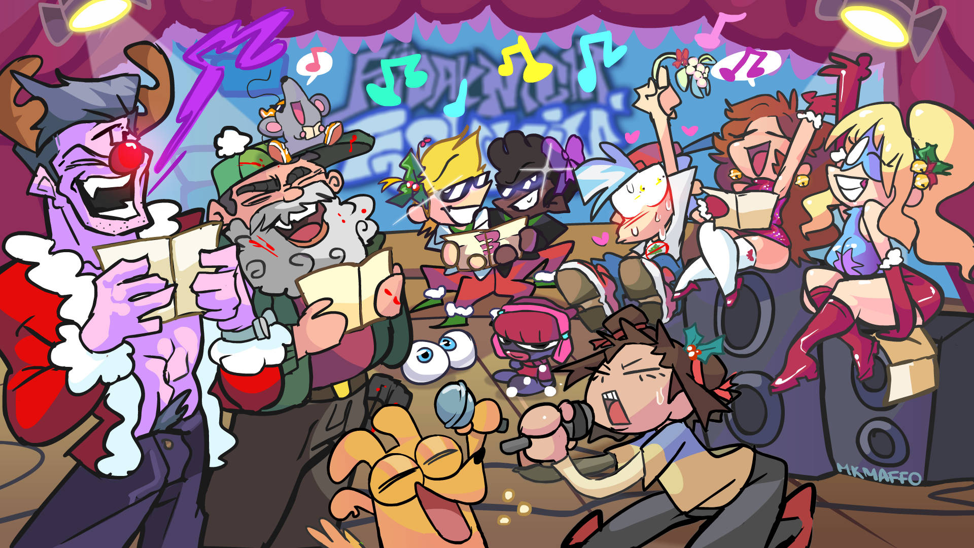 Christmas Friday Night Funkin 壁紙 — 一幅充滿活力的卡通插圖，描繪了各種動畫角色在色彩繽紛的舞台派對上歡快地唱歌跳舞，伴隨著音符和聚光燈。