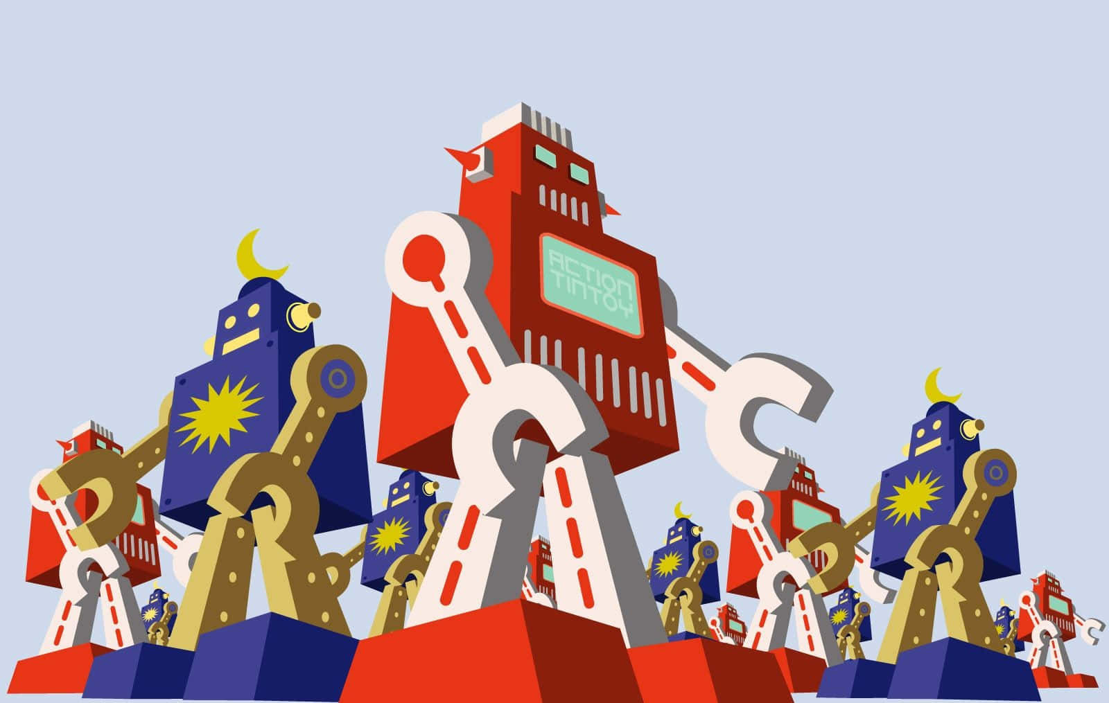 Cartoon Robot 桌布 壁紙 — 一幅充滿活力的卡通風格插圖，描繪了風格化的機械人，以鮮明的紅色、藍色和金色為主色，襯托著淡藍色的天空。