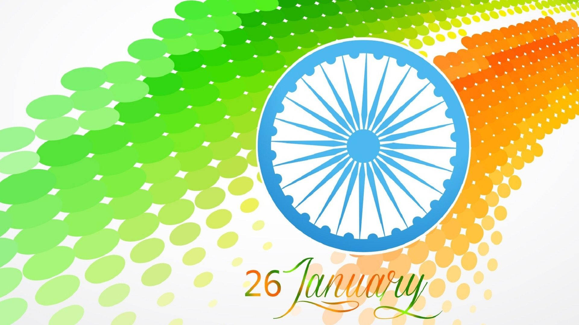 India 桌布 壁紙 — 一幅充滿活力的印度國旗數碼插圖，藍色阿育王法輪位於由藏紅花、綠色和白色圓點組成的漸變背景中央。
