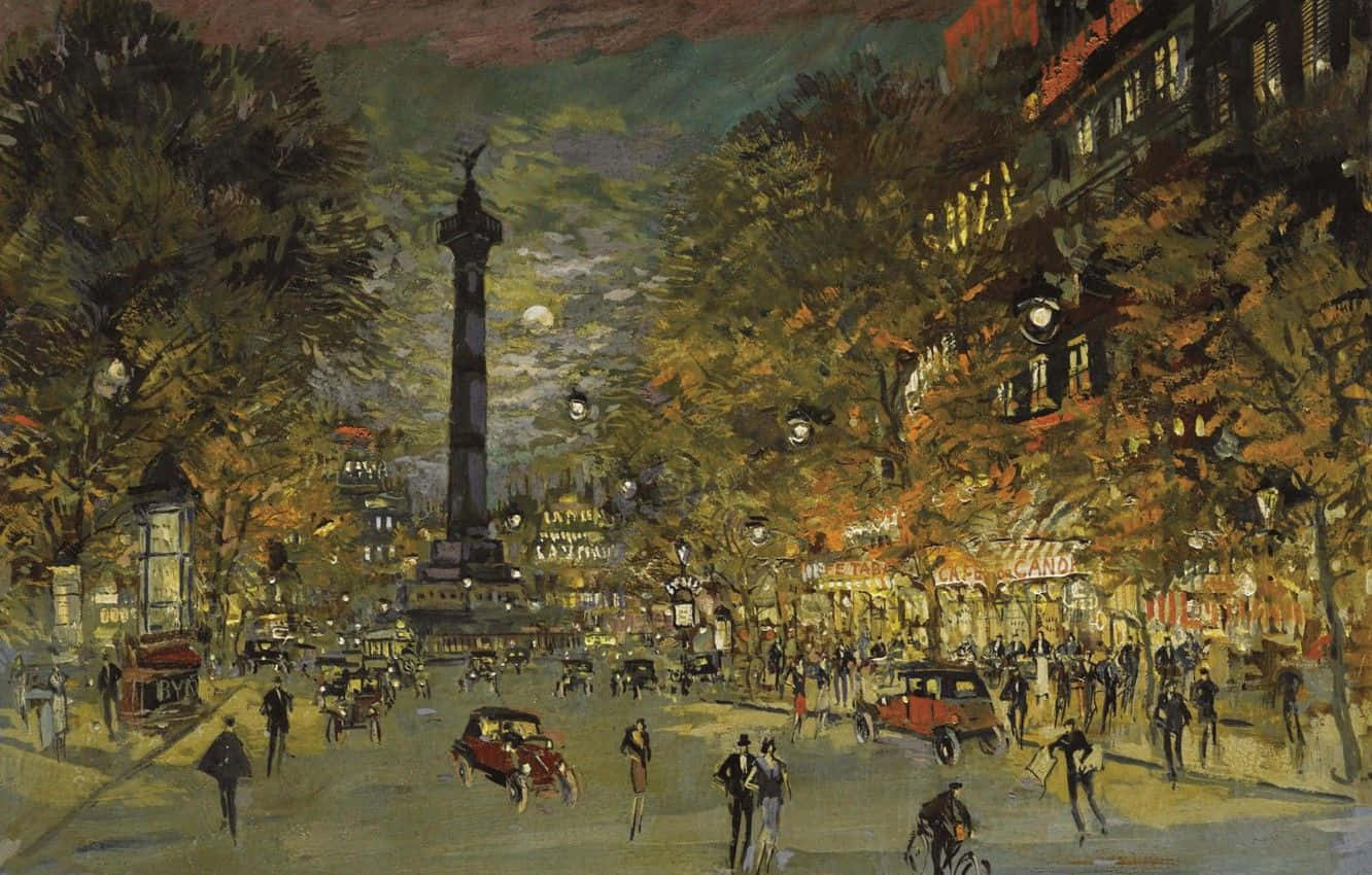 Impressionism 桌布 壁紙 — 一幅充滿活力的印象派畫作，描繪了暮色中熙熙攘攘的巴黎街道，有發光的街燈和復古汽車。