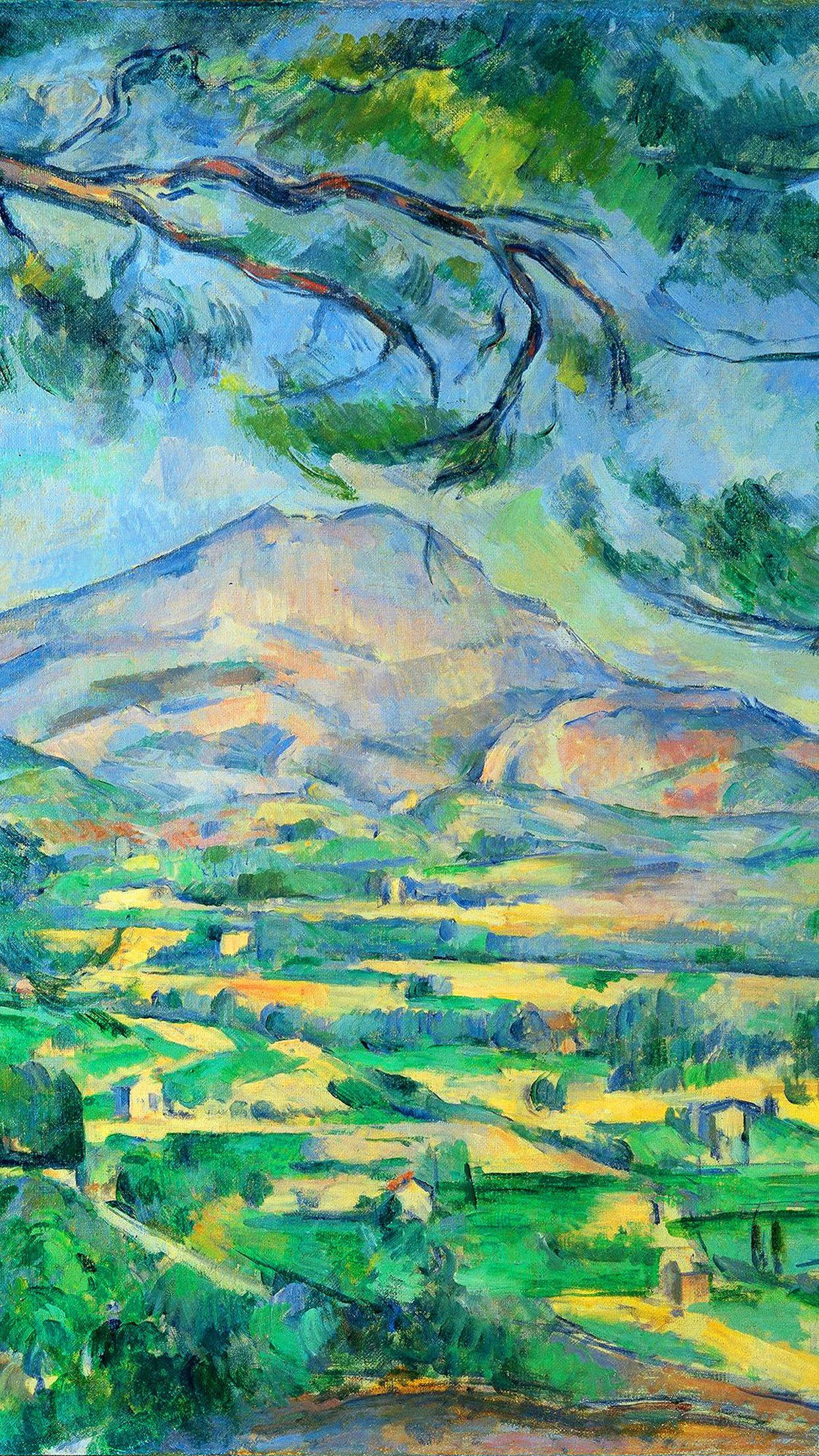 Painting 桌布 壁紙 — 一幅充滿活力的印象派畫作，描繪了陽光普照的山地景觀，蜿蜒的山谷和散落的房屋，背景是藍天。