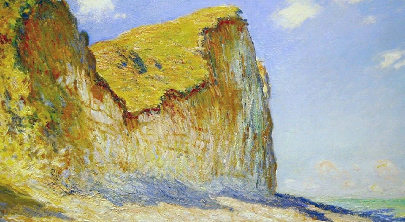 Impressionism 桌布 壁紙 — 一幅充滿活力的印象派畫作，描繪陽光普照的懸崖，以紋理筆觸在淡藍色天空下呈現。