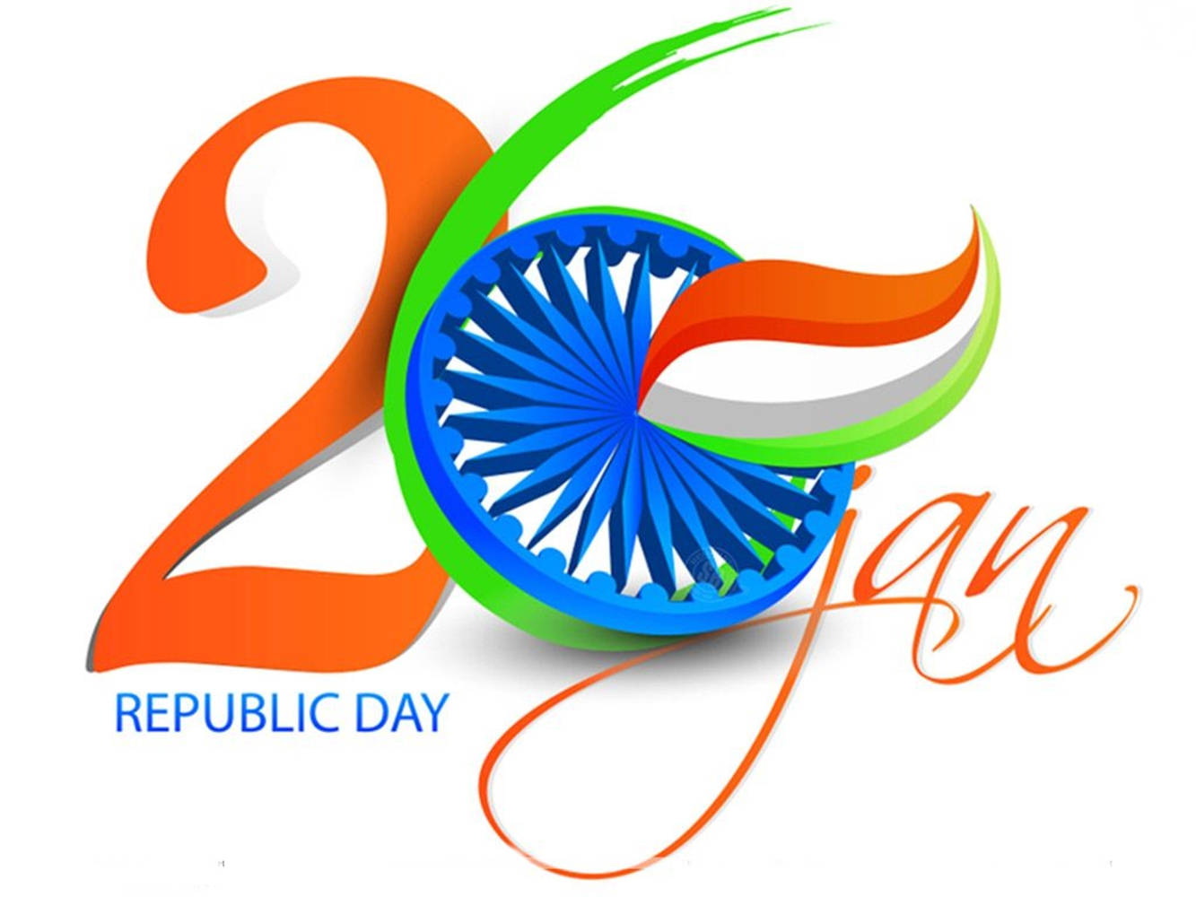 India 桌布 壁紙 — 一幅充滿活力的圖形，慶祝印度共和國日，帶有風格化的「26 jan」和以國家色彩呈現的阿育王法輪。