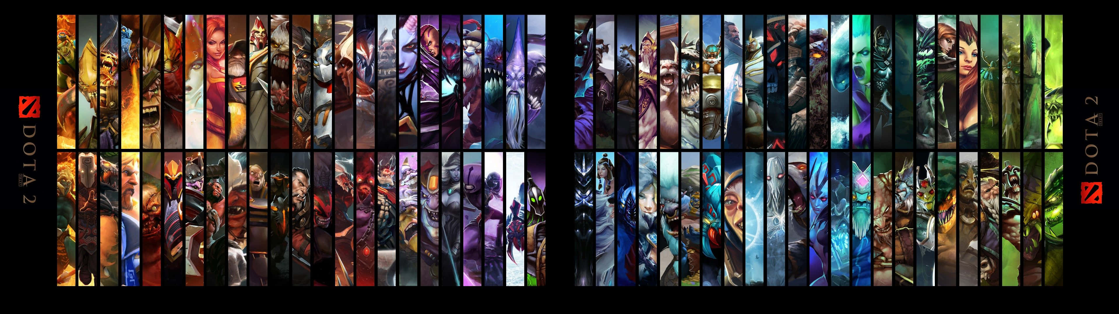 2 Monitor 桌布 壁紙 — 一幅充滿活力的垂直拼貼畫，展示30個DOTA 2英雄肖像，呈現多樣奇幻角色在動態姿勢中。
