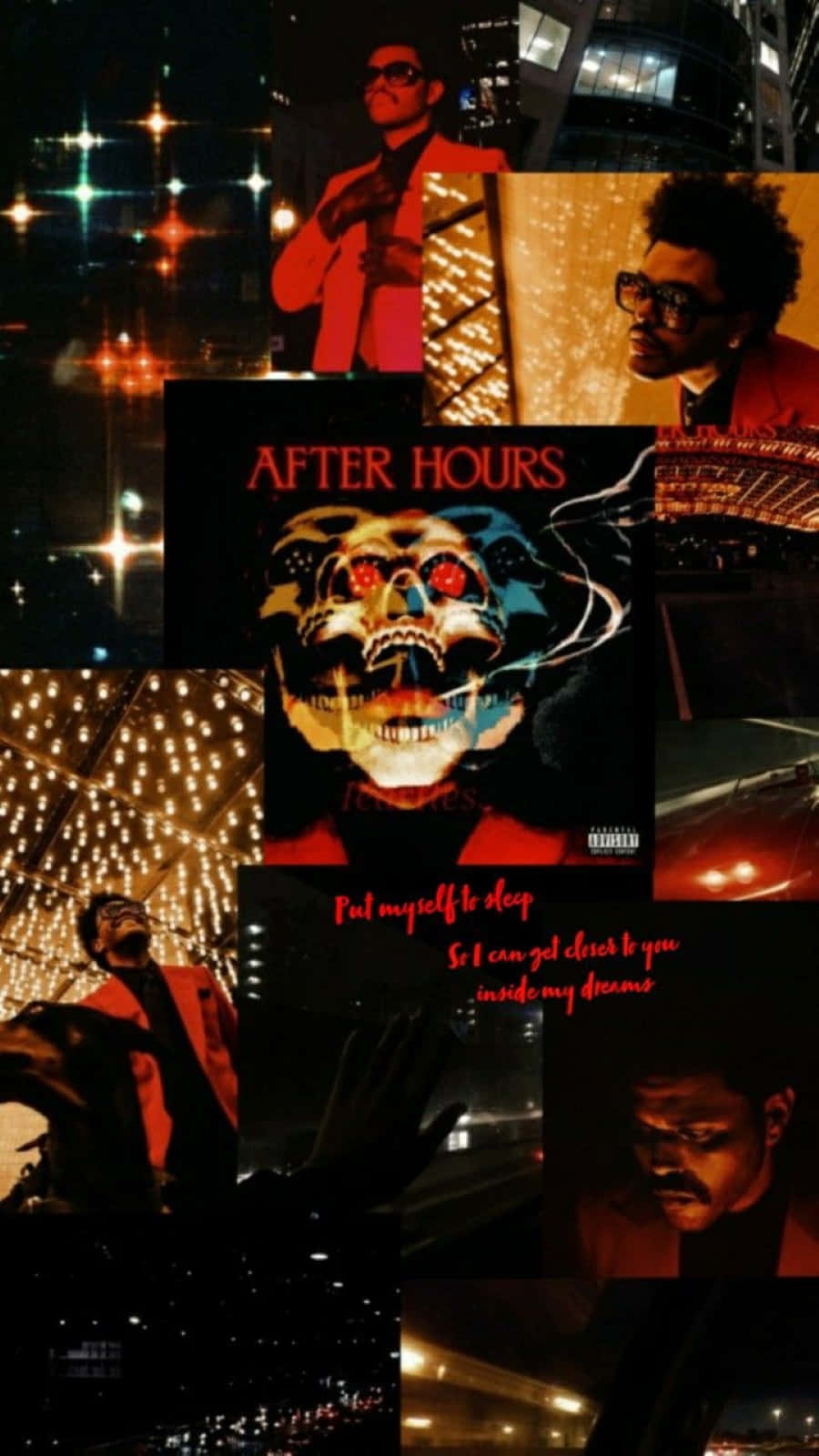 The Weeknd After Hours 桌布 壁紙 — 一幅充滿活力的夜間拼貼畫， featuring The Weeknd 穿著紅色西裝、閃爍的城市燈光，以及帶有骷髏頭的《After Hours》專輯封面。