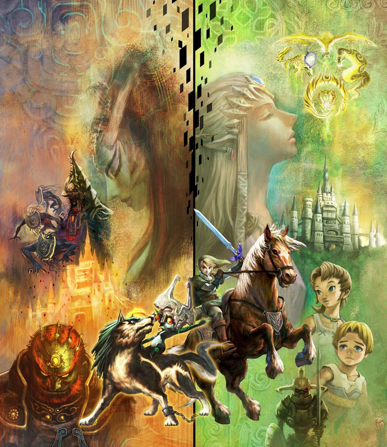 The Legend Of Zelda Characters 桌布 壁紙 — 一幅充滿活力的奇幻藝術作品，從中間一分為二，展示英雄角色騎馬對抗黑暗勢力，背景是發光的城堡。