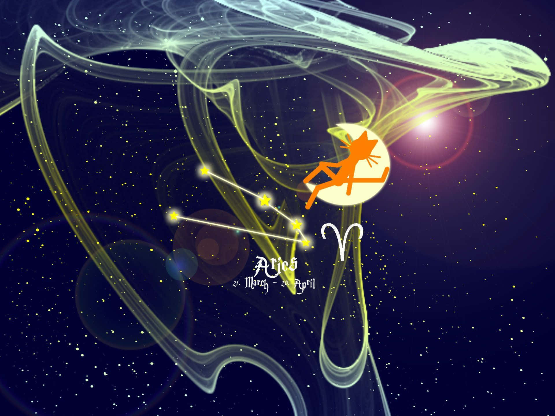 aries 桌布 壁紙 — 一幅充滿活力的宇宙插圖，描繪了白羊座星座，帶有發光的黃色線條和風格化的公羊剪影，背景是繁星點點的夜空。