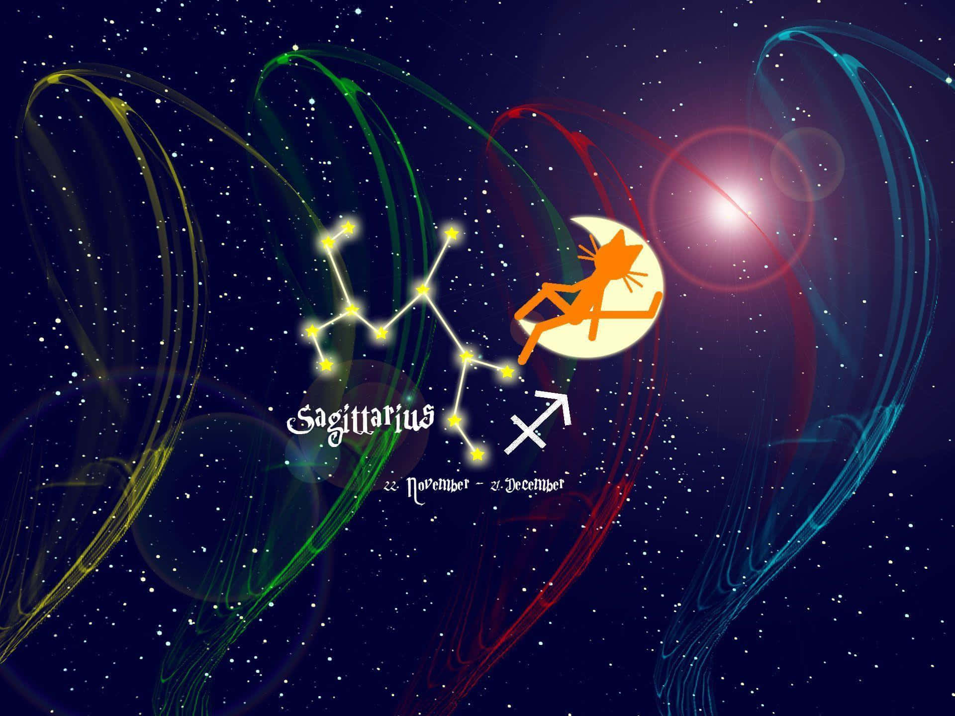 人馬座 桌布 壁紙 — 一幅充滿活力的宇宙插圖，描繪人馬座星座，在繁星點點的夜空中有著發光的弓箭手剪影。