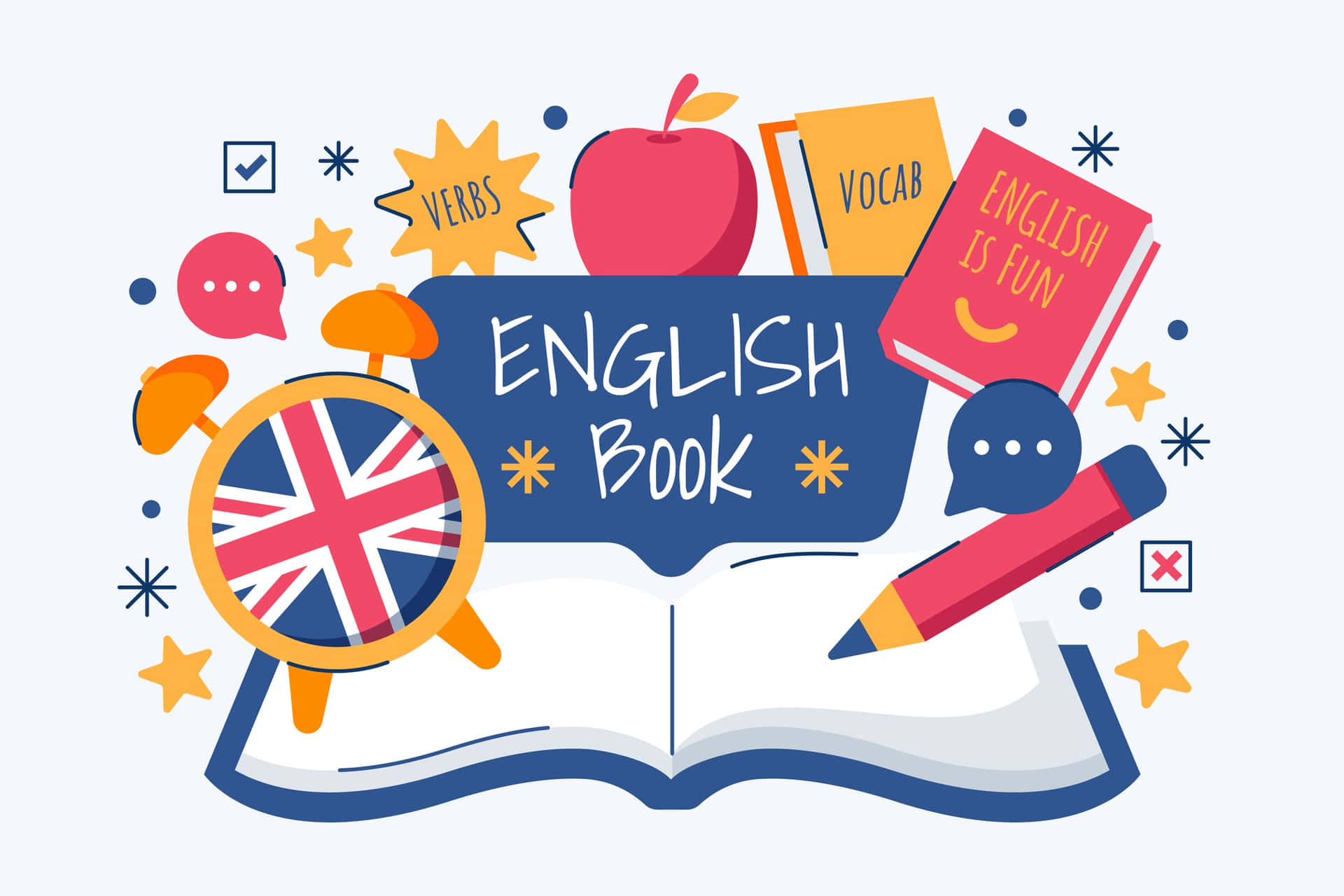 English 桌布 壁紙 — 一幅充滿活力的平面插圖，展示一本打開的英文書，周圍環繞著學習圖標，如英國國旗鬧鐘和詞彙卡。