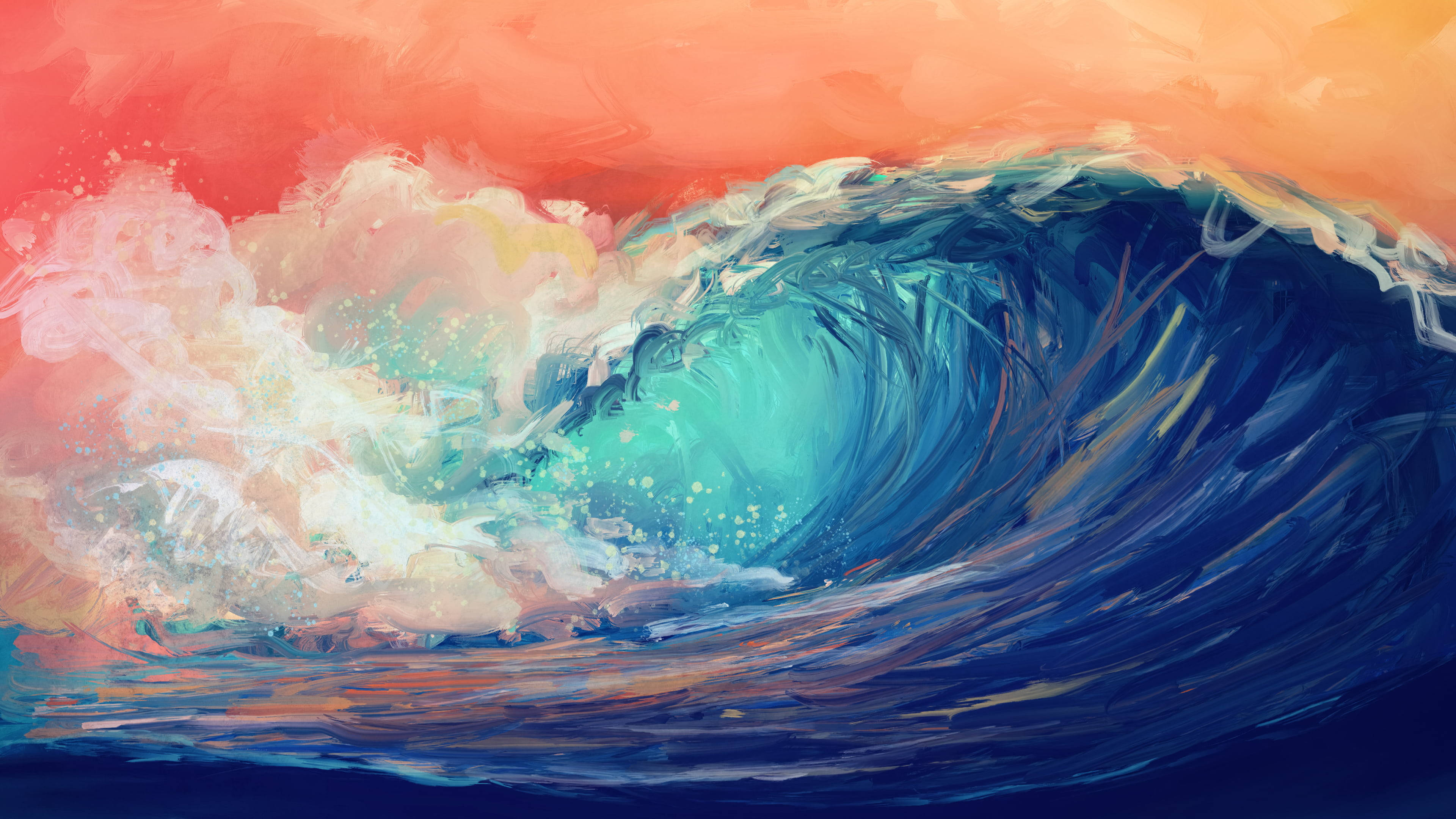 海 桌布 壁紙 — 一幅充滿活力的彩繪波浪在火橙色天空下捲曲，帶有藍綠色核心和泡沫般的白色飛濺。