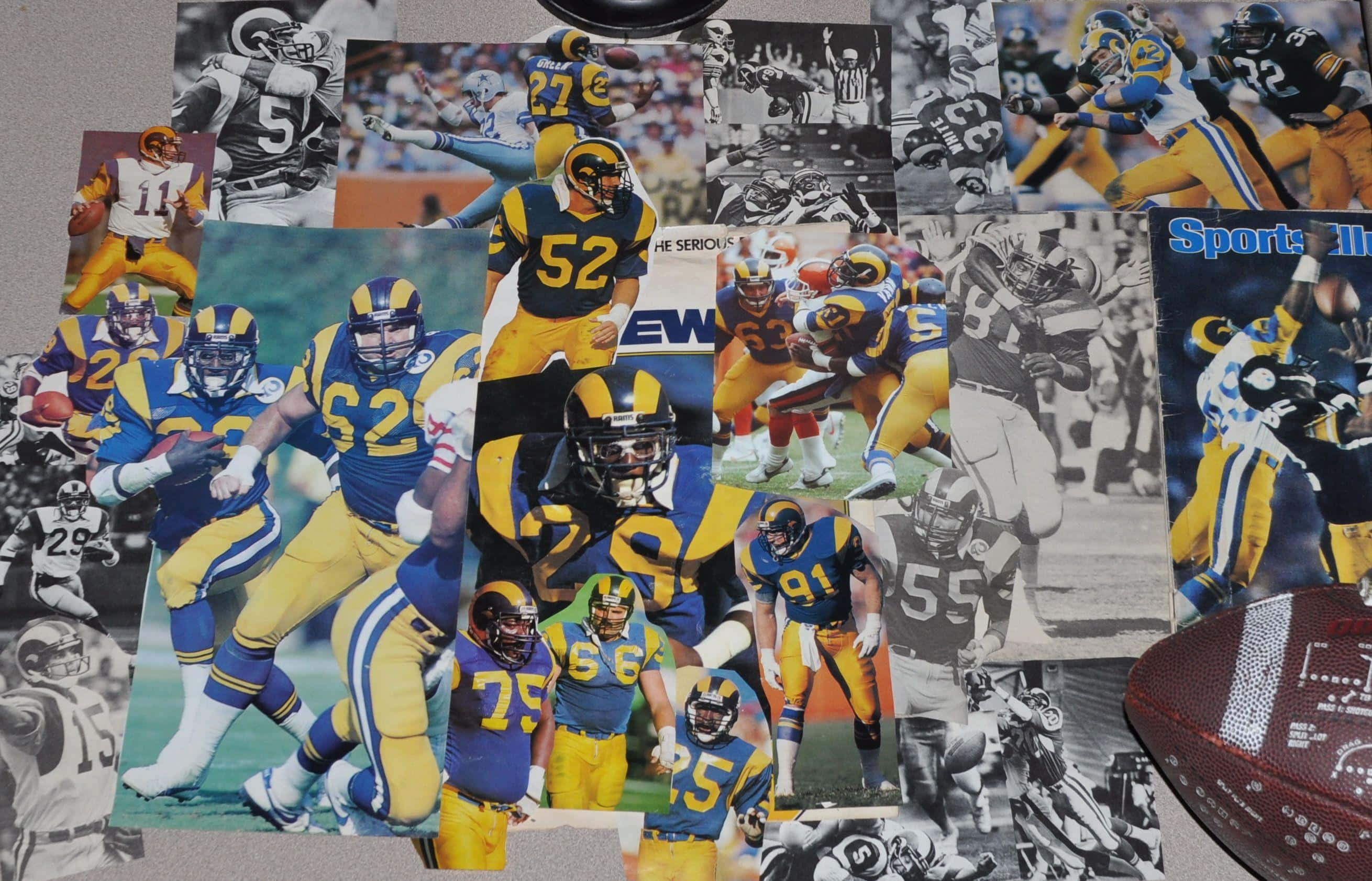 Rams 桌布 壁紙 — 一幅充滿活力的復古美式足球動作照片拼貼，球員身穿藍色和黃色球衣。