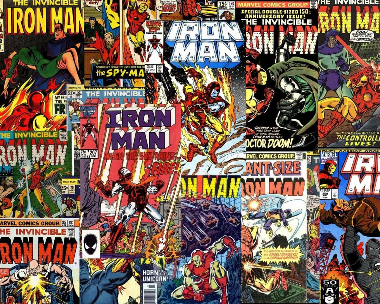 Iron Man Comics 桌布 壁紙 — 一幅充滿活力的復古鐵甲奇俠漫畫封面拼貼畫，充滿動感動作和鮮明的紅、金、藍色調。