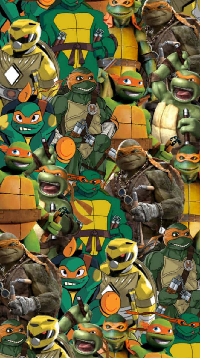 tmnt 桌布 壁紙 — 一幅充滿活力的忍者龜拼貼畫，展示各種姿勢和表情，凸顯其標誌性的綠色皮膚和彩色面具。