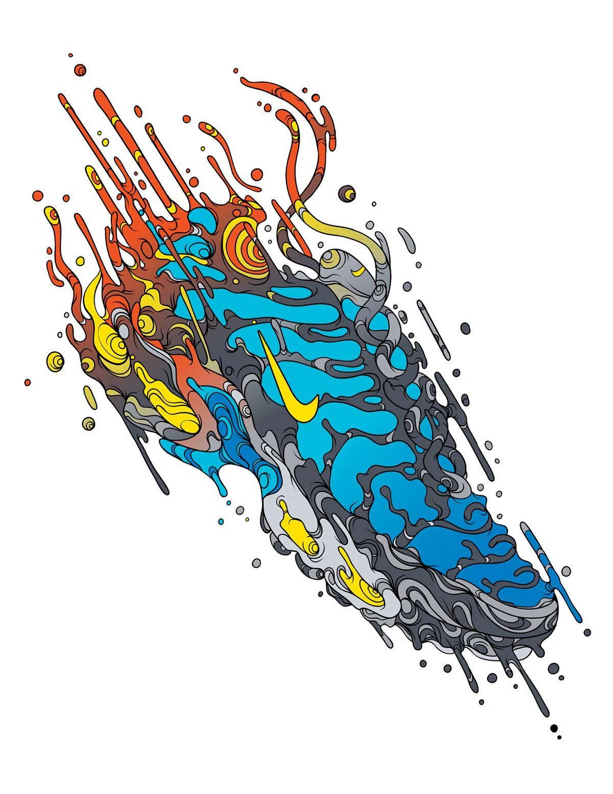 Nike 桌布 壁紙 — 一幅充滿活力的抽象插圖，描繪一雙Nike運動鞋爆發出色彩繽紛的油漆飛濺和動態漩渦。