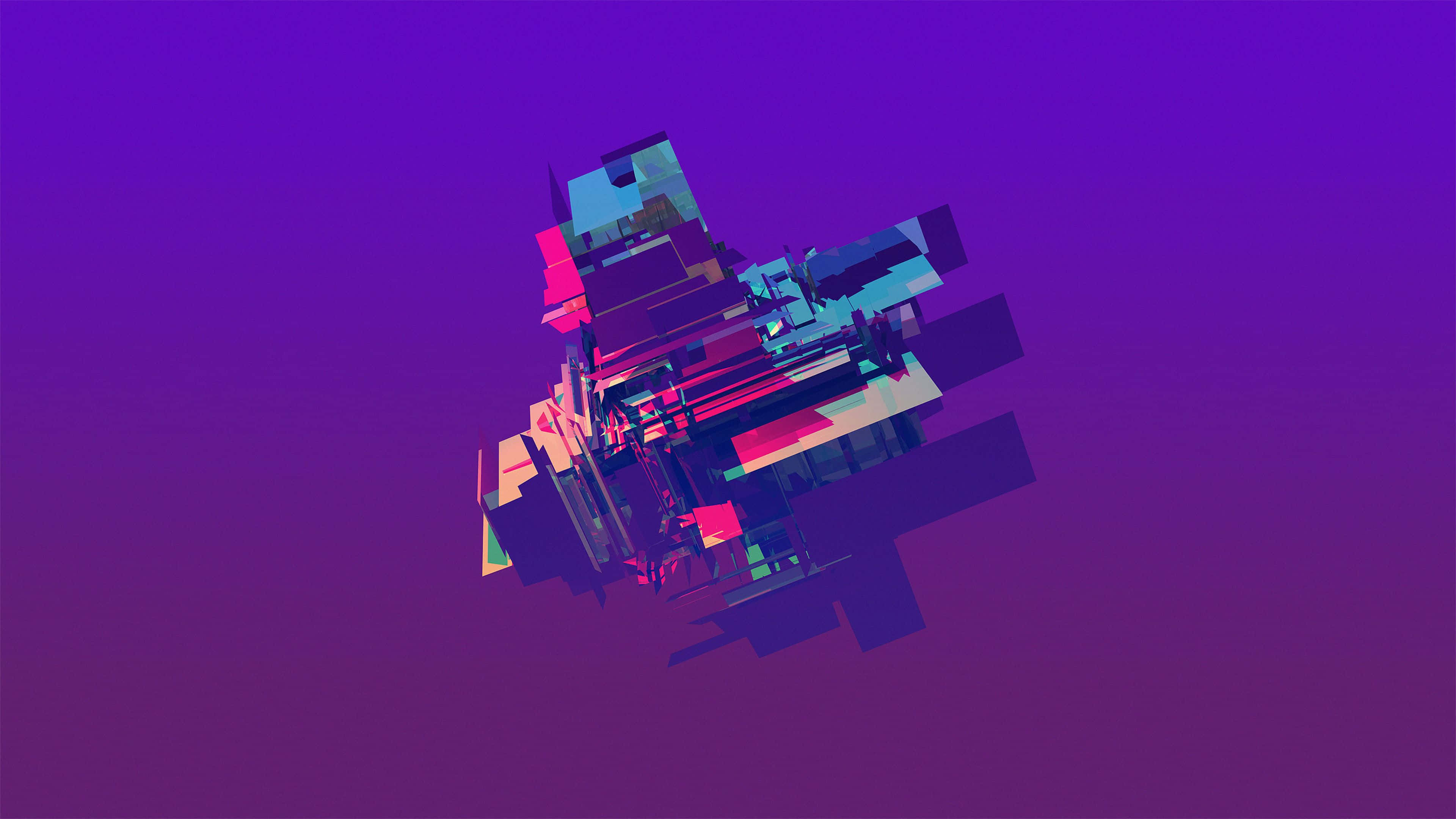 Minimalist Geometric 桌布 壁紙 — 一幅充滿活力的抽象數位雕塑，由浮動的幾何方塊組成，顏色為洋紅色、青色和金色，背景為紫色漸變。