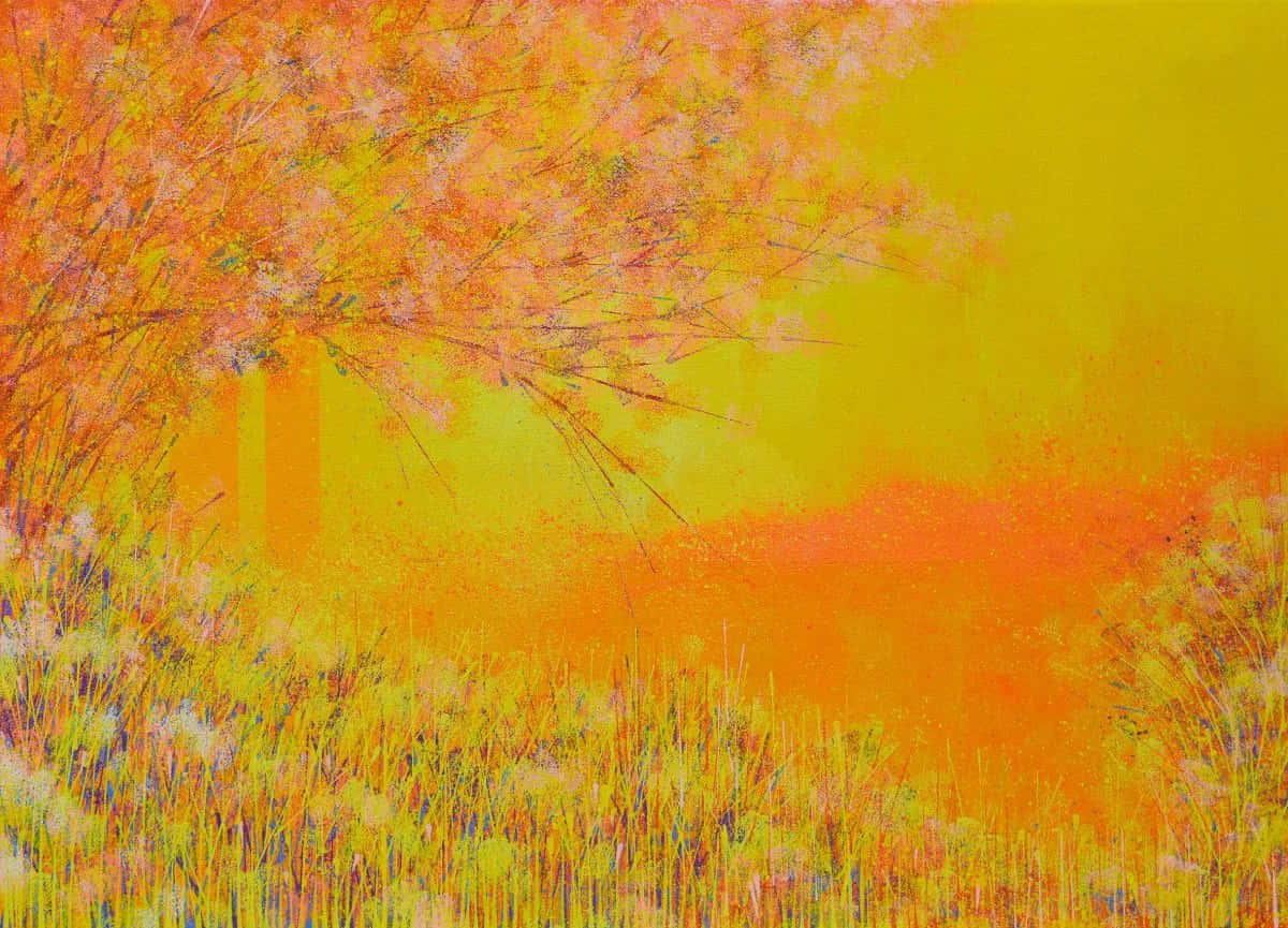 Yellow Art 桌布 壁紙 — 一幅充滿活力的抽象畫，描繪一棵樹，樹上盛開著火紅的橙色花朵，背景是發光的黃色天空和長滿草的前景。
