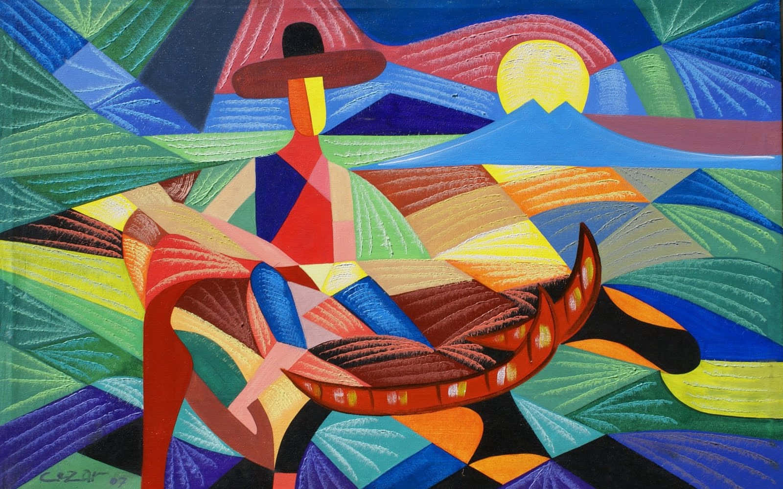 Fine Arts 桌布 壁紙 — 一幅充滿活力的抽象畫描繪了一個戴帽子的風格化人物坐在彎曲的長椅上，背景是色彩繽紛的幾何山脈和太陽。