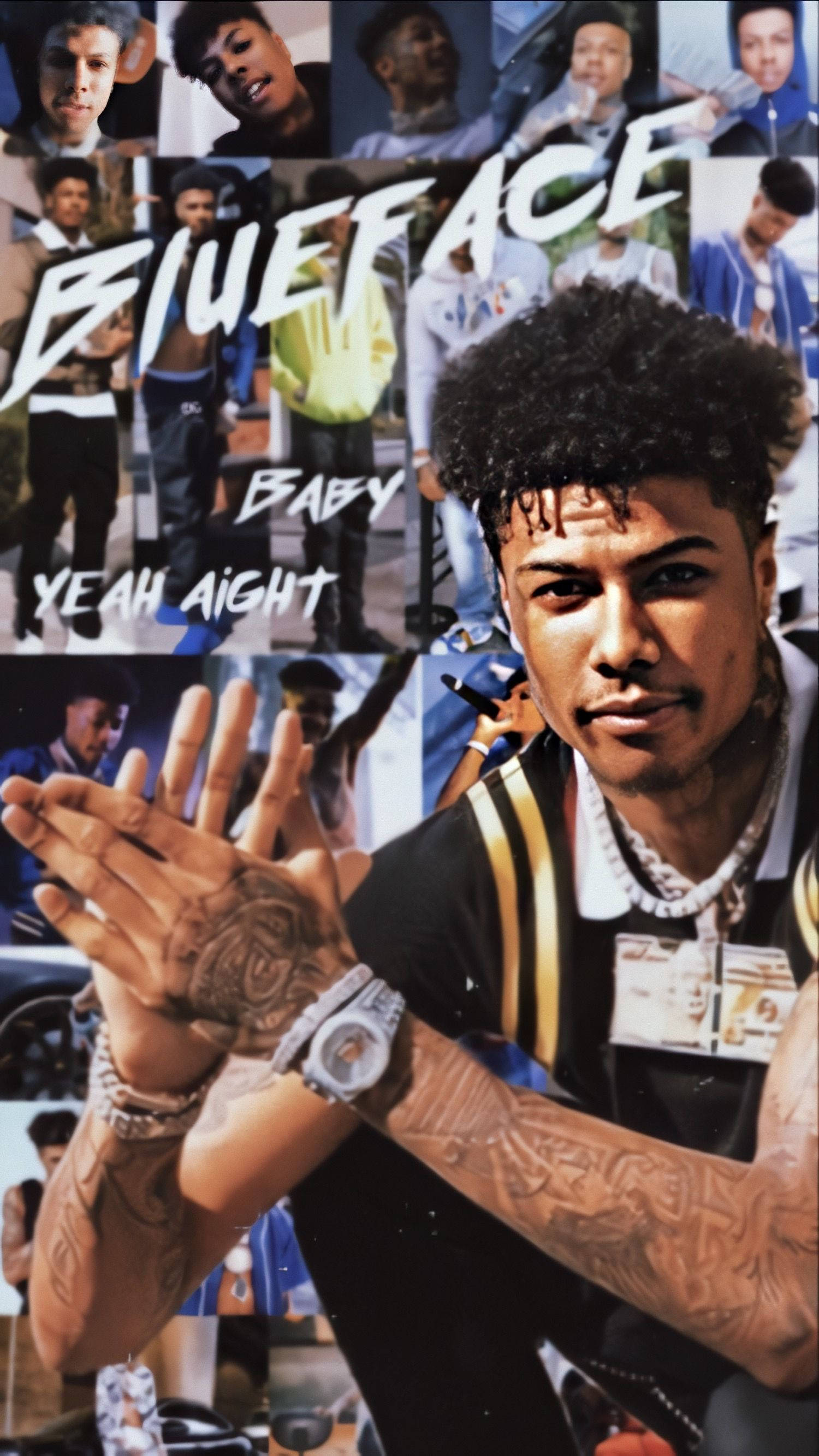 Blueface Baby Yeah Aight 壁紙 — 一幅充滿活力的拼貼牆紙， featuring 饒舌歌手 Blueface 帶有紋身和珠寶，被他的專輯藝術和文字包圍。