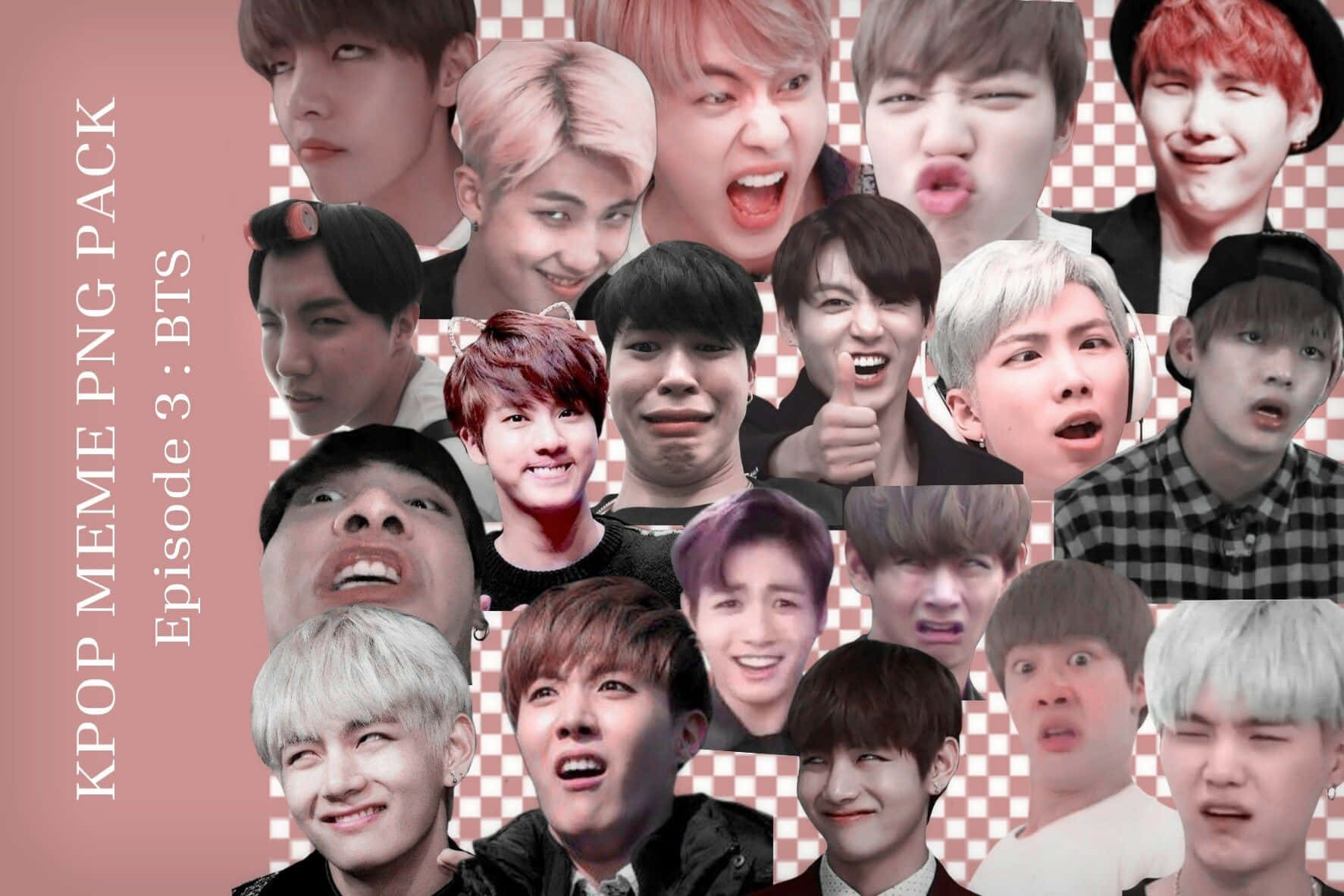 Bts Meme 桌布 壁紙 — 一幅充滿活力的拼貼畫，BTS 成員在粉紅色格仔背景上展現俏皮誇張的表情。