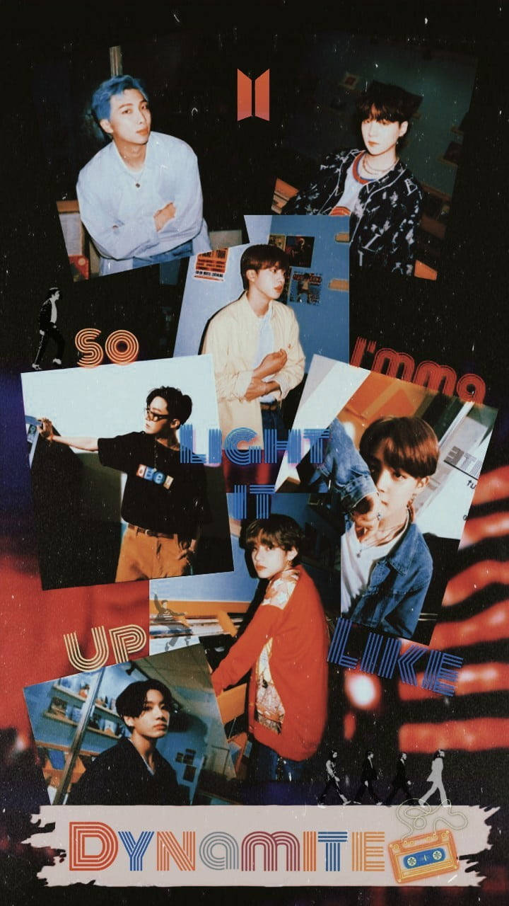 bts photoshoot 桌布 壁紙 — 一幅充滿活力的拼貼畫，BTS成員穿著色彩繽紛的服裝，背景為深色，帶有發光文字和復古卡式錄音帶圖案。