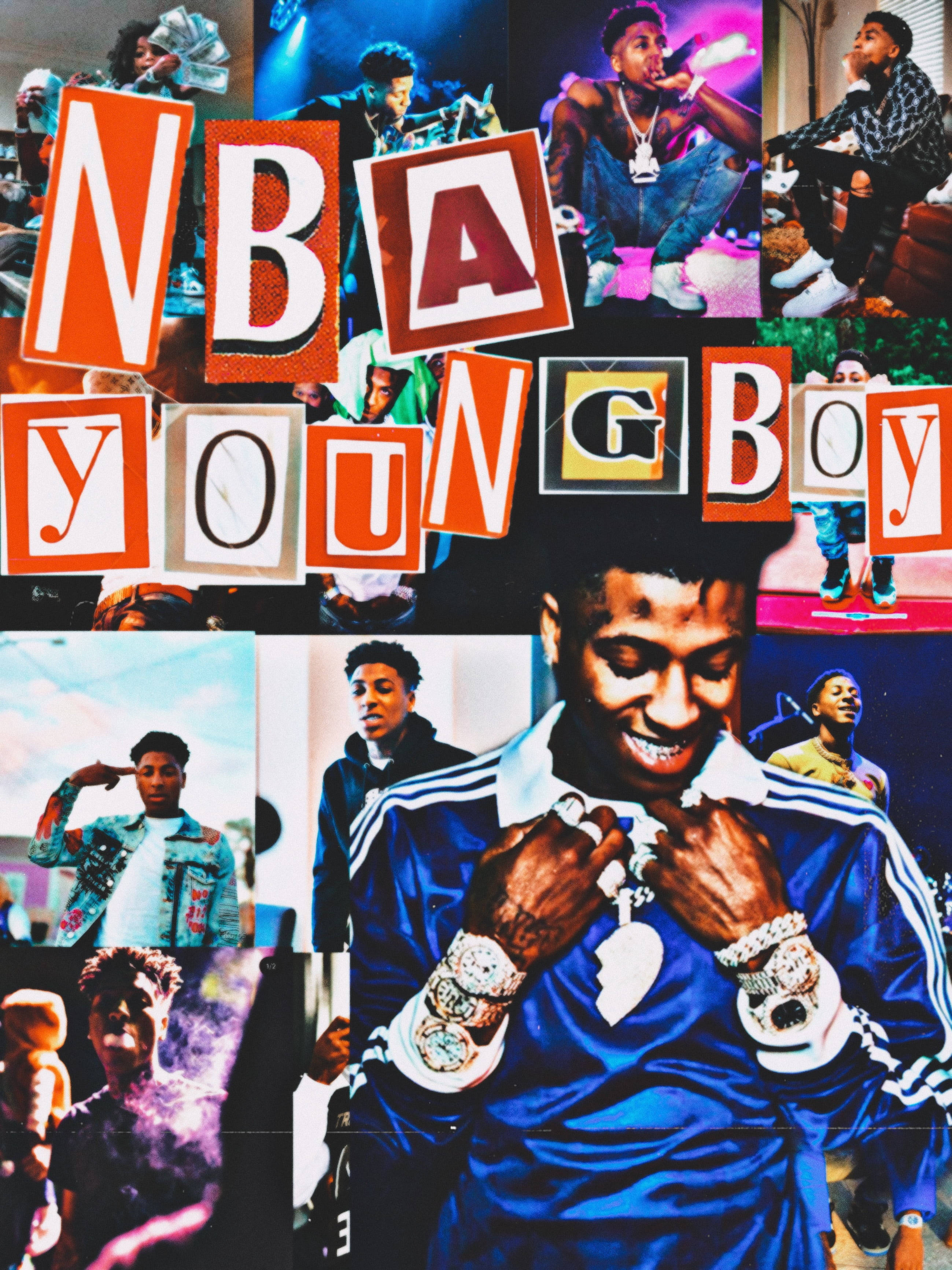 背景 桌布 壁紙 — 一幅充滿活力的拼貼畫，NBA YoungBoy 以各種姿勢穿著奢華珠寶和街頭服飾，背景色彩繽紛。