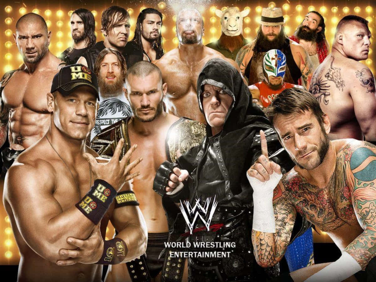 WWE摔角手穿著冠軍裝備在燈光舞台上的拼貼畫。 — WWE GIF 壁紙