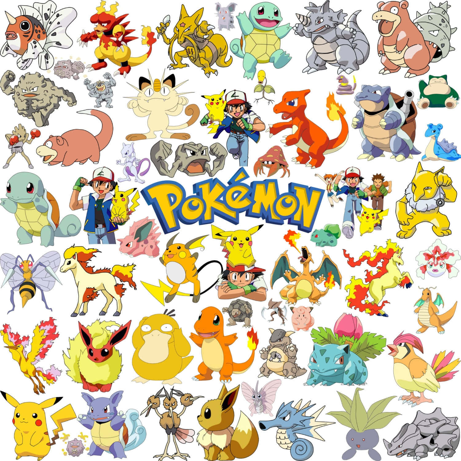 Pokemon Stickers 桌布 壁紙 — 一幅充滿活力的拼貼畫，以標誌性的寶可夢角色和訓練家圍繞著醒目的寶可夢標誌。