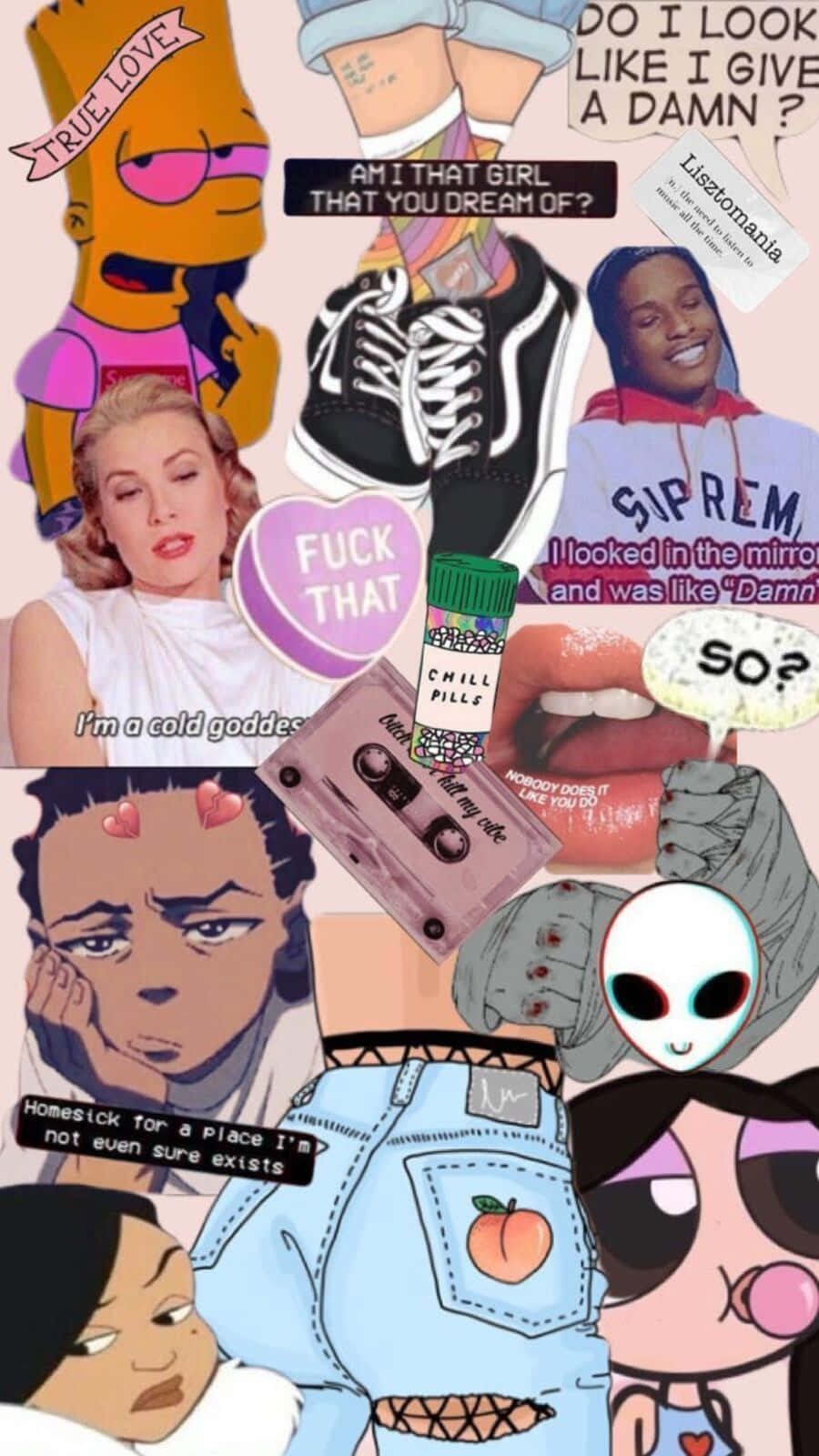 Baddie Vintage 90's Aesthetic 桌布 壁紙 — 一幅充滿活力的拼貼畫，以粉彩背景襯托流行文化圖標、迷因和語錄。