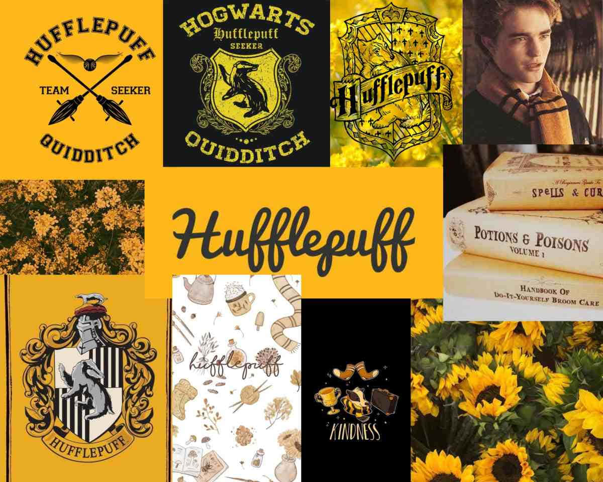 hufflepuff 桌布 壁紙 — 一幅充滿活力的拼貼畫，以金色背景慶祝赫夫帕夫學院，包含標誌、書籍、向日葵和學生肖像。