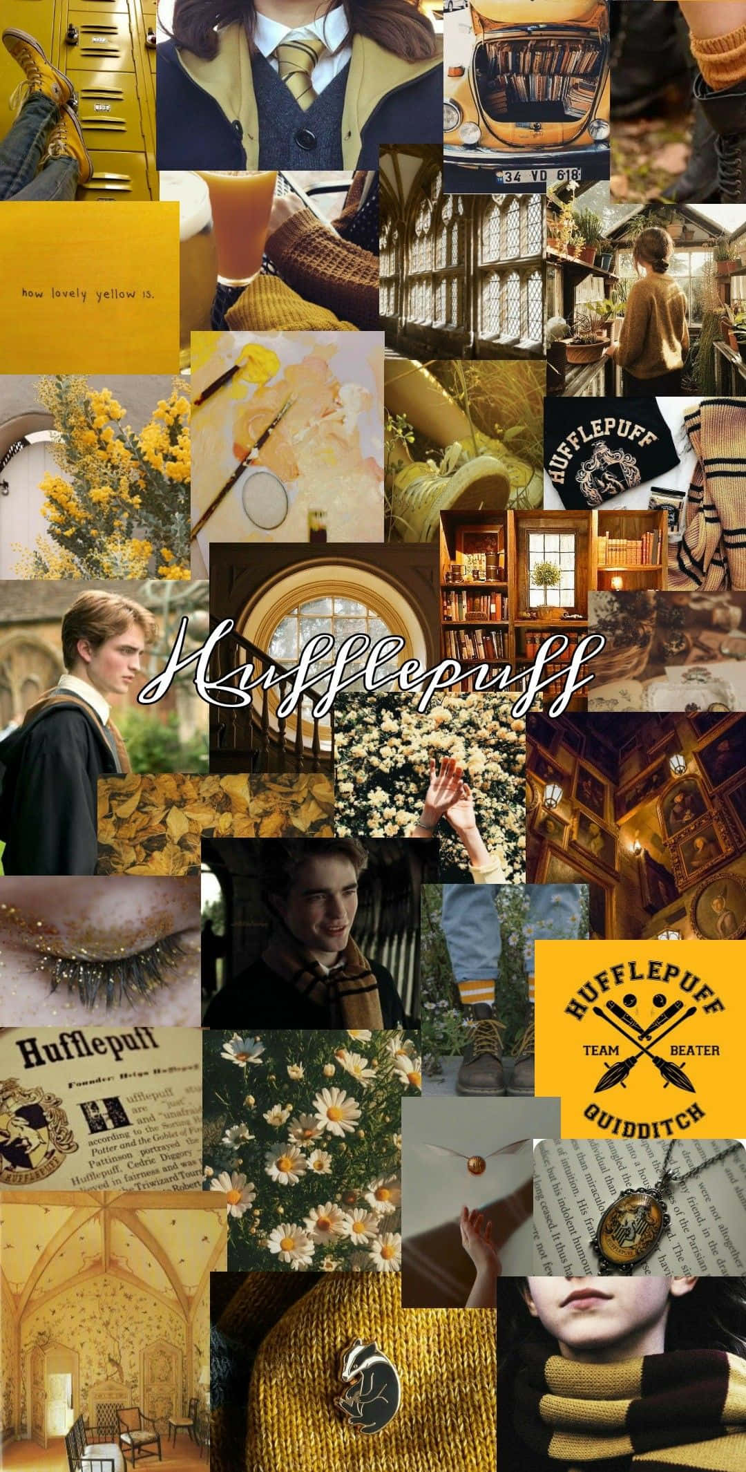 hufflepuff 桌布 壁紙 — 一幅充滿活力的拼貼畫，以金色黃色點綴、舒適的室內設計、學生和標誌性符號來慶祝赫夫帕夫學院。