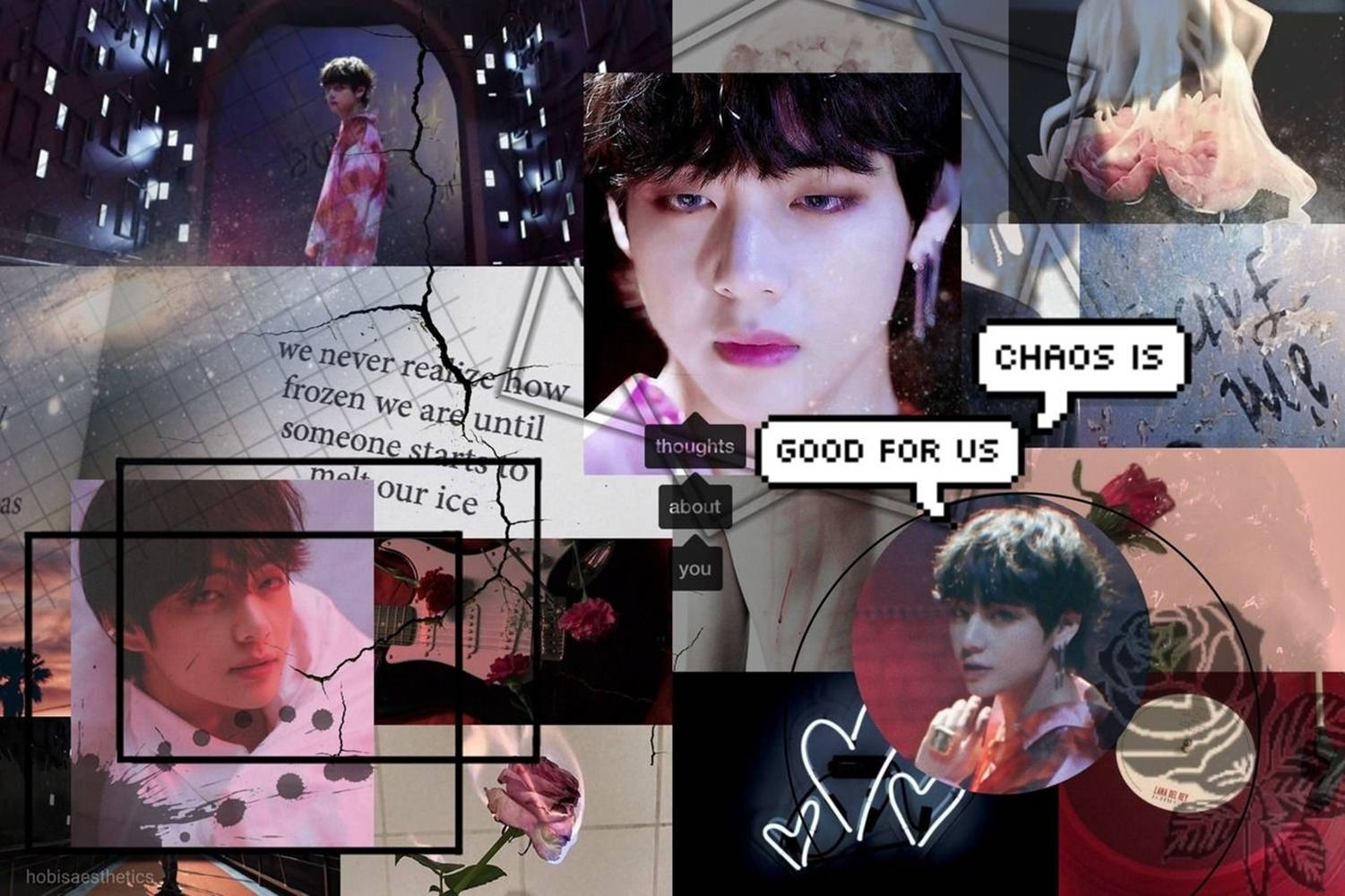 Kpop Aesthetic 桌布 壁紙 — 一幅充滿活力的拼貼畫，包含K-pop偶像肖像、玫瑰和故障文字疊加，風格陰鬱的數位藝術。