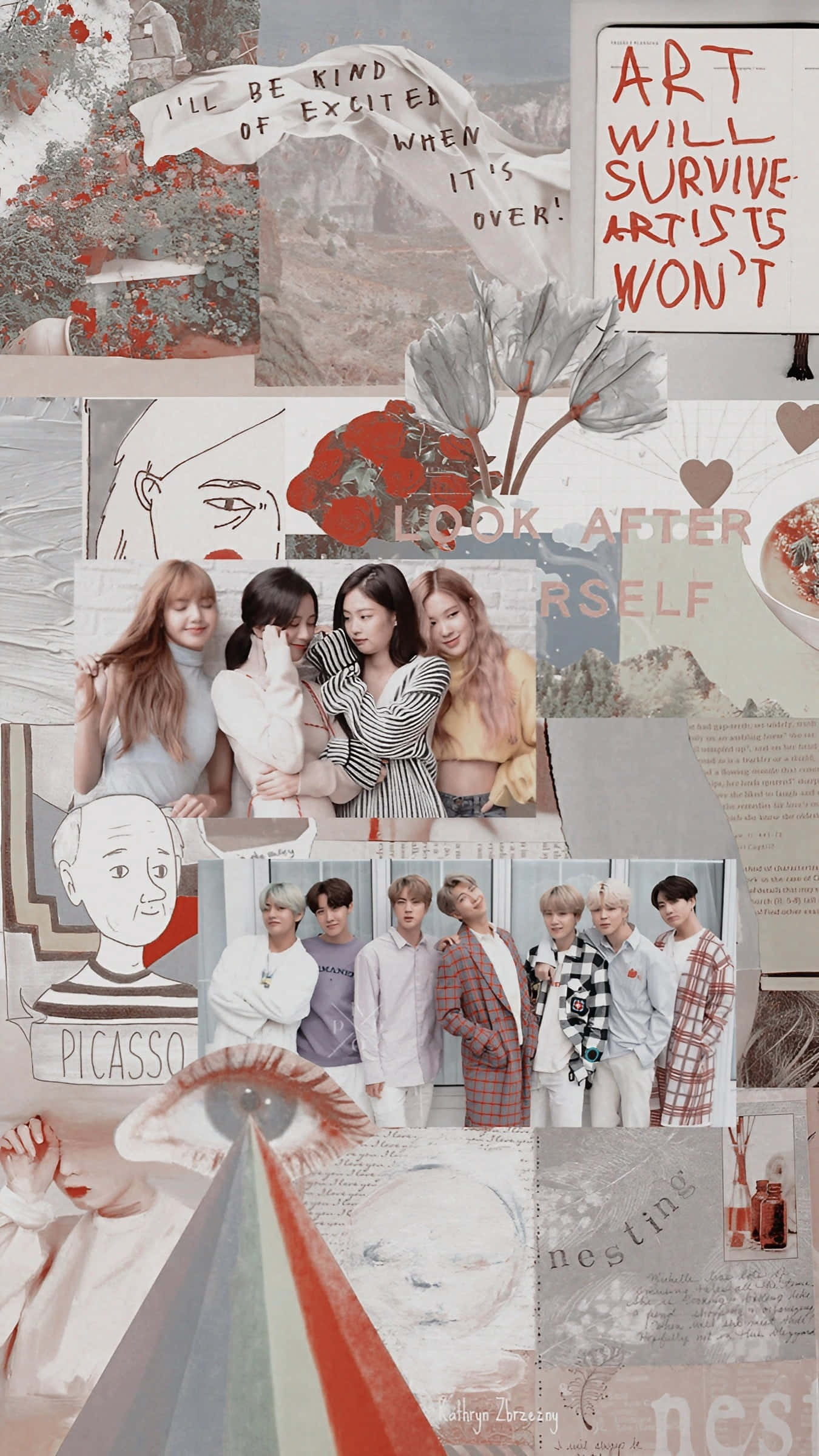 Aesthetic Korean 桌布 壁紙 — 一幅充滿活力的拼貼畫，包含K-pop偶像、藝術語錄和超現實圖像，帶有紅色點綴和層疊紋理。