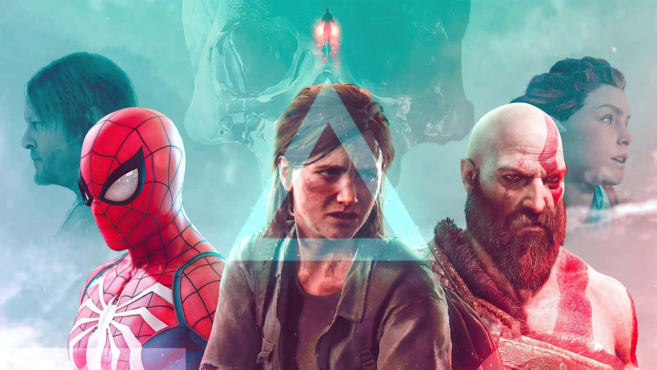 Ps5 Games 桌布 壁紙 — 一幅充滿活力的拼貼畫，包含蜘蛛俠和克雷多斯等標誌性電子遊戲角色，背景為發光的青綠色和紅色抽象圖案。