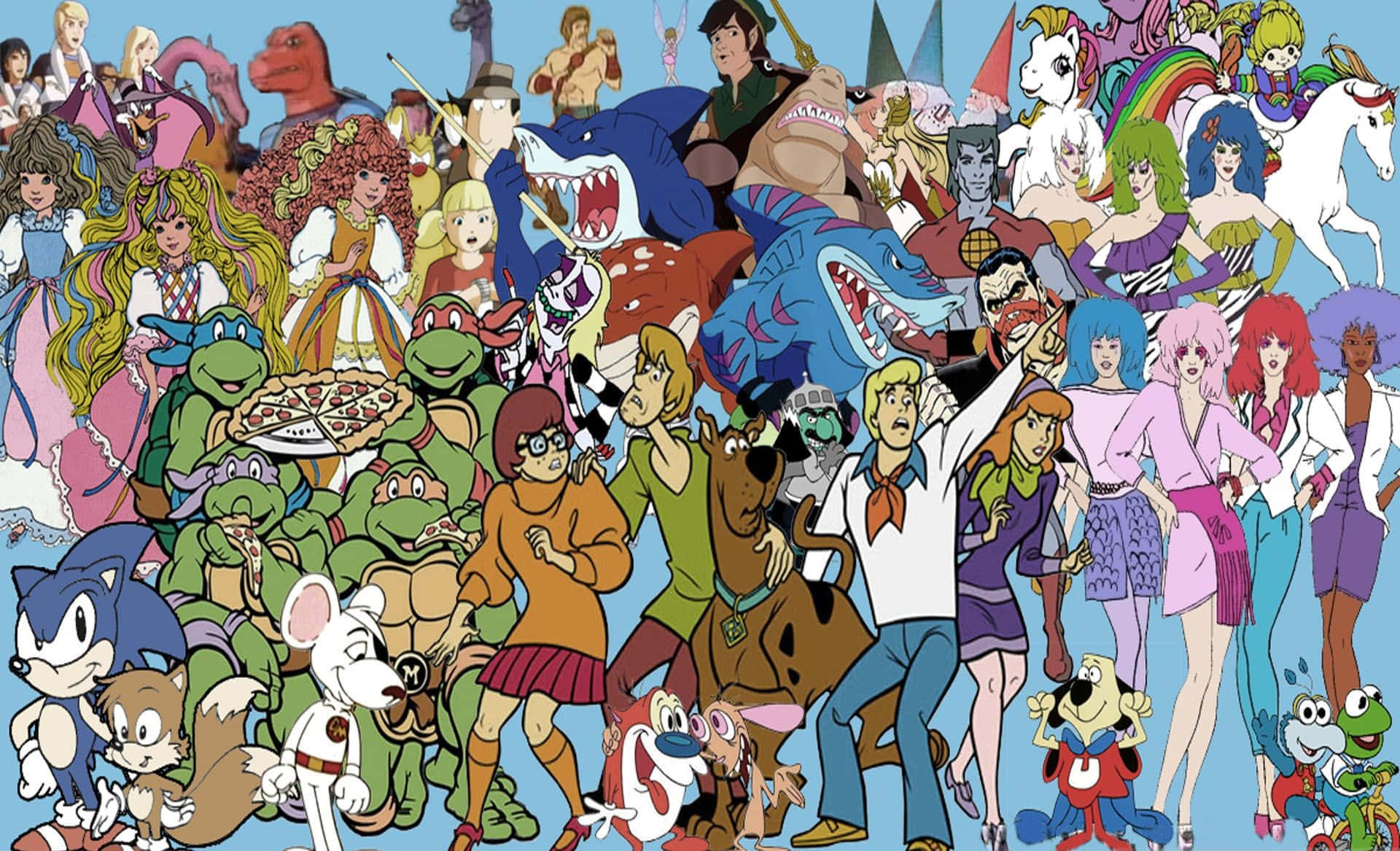Vintage Cartoon Aesthetic 桌布 壁紙 — 一幅充滿活力的拼貼畫，匯集了1980年代動畫節目中的經典卡通角色，呈現出色彩繽紛的混亂場景。