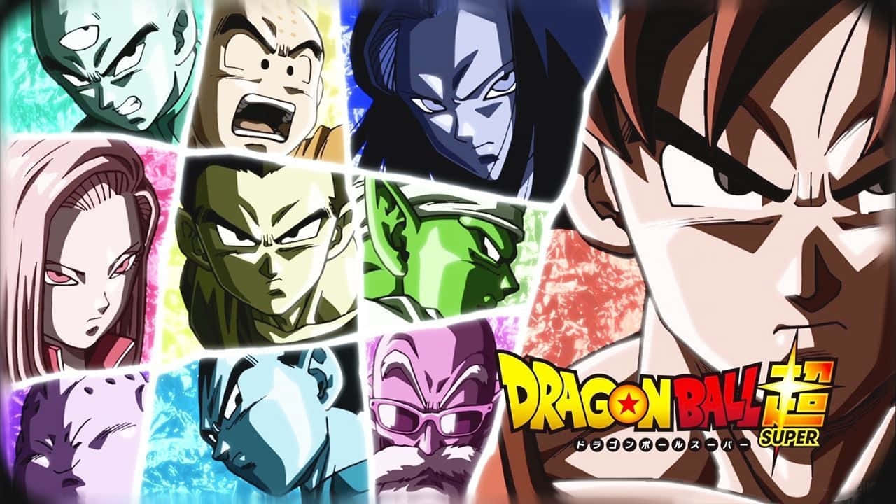 Tournament Of Power 桌布 壁紙 — 一幅充滿活力的拼貼畫，展現《龍珠超》中強烈的動漫角色面孔，色彩大膽，表情動感十足。