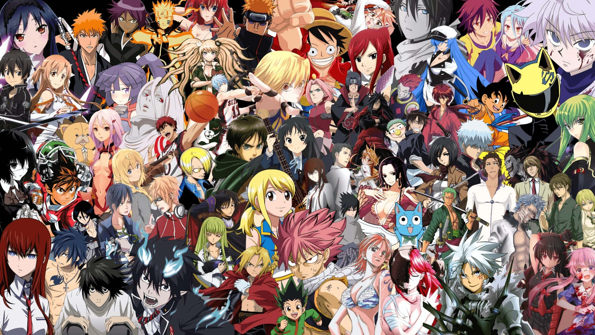 Anime Collage 桌布 壁紙 — 一幅充滿活力的拼貼畫，展現了各種動漫角色以動態姿勢和色彩繽紛的服裝。